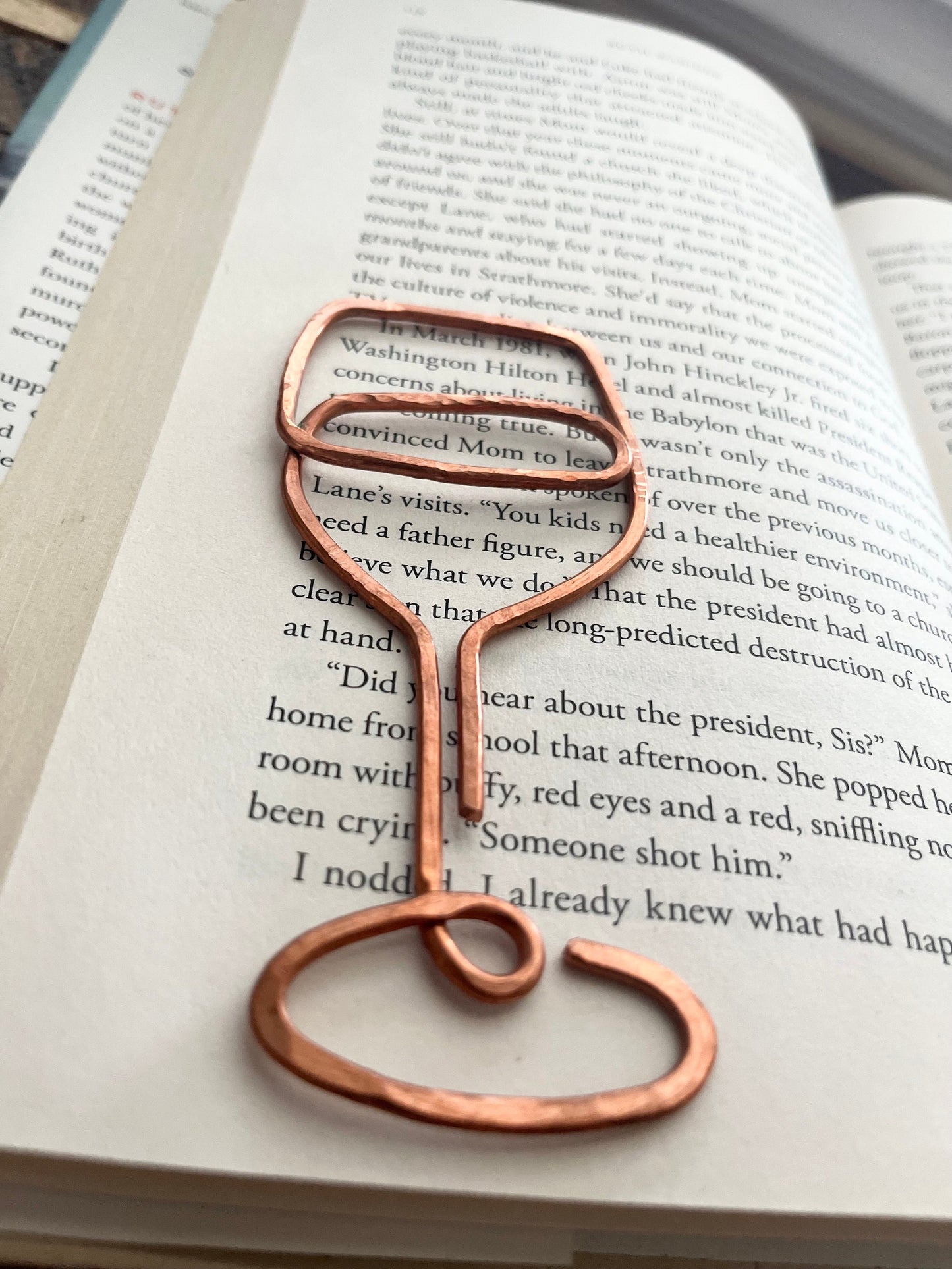Handmade Copper Wire Bookmark: Wine Glass & Bottle Line Art