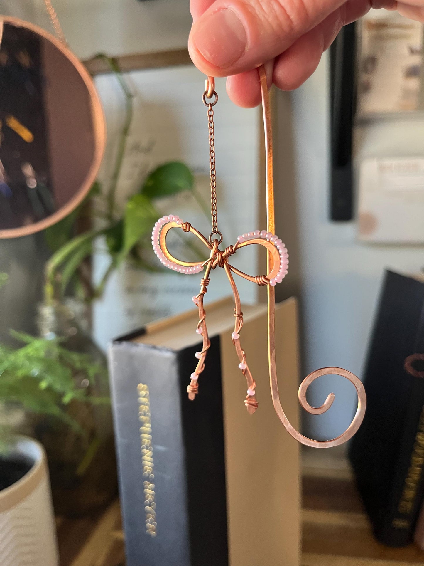 Classic Pink Bead Bow Book Mark Book Hook Handmade Copper Bookmark: Book Jewelry, Reader Bookish Gift, Book Club, 7 Year Anniversary Gift