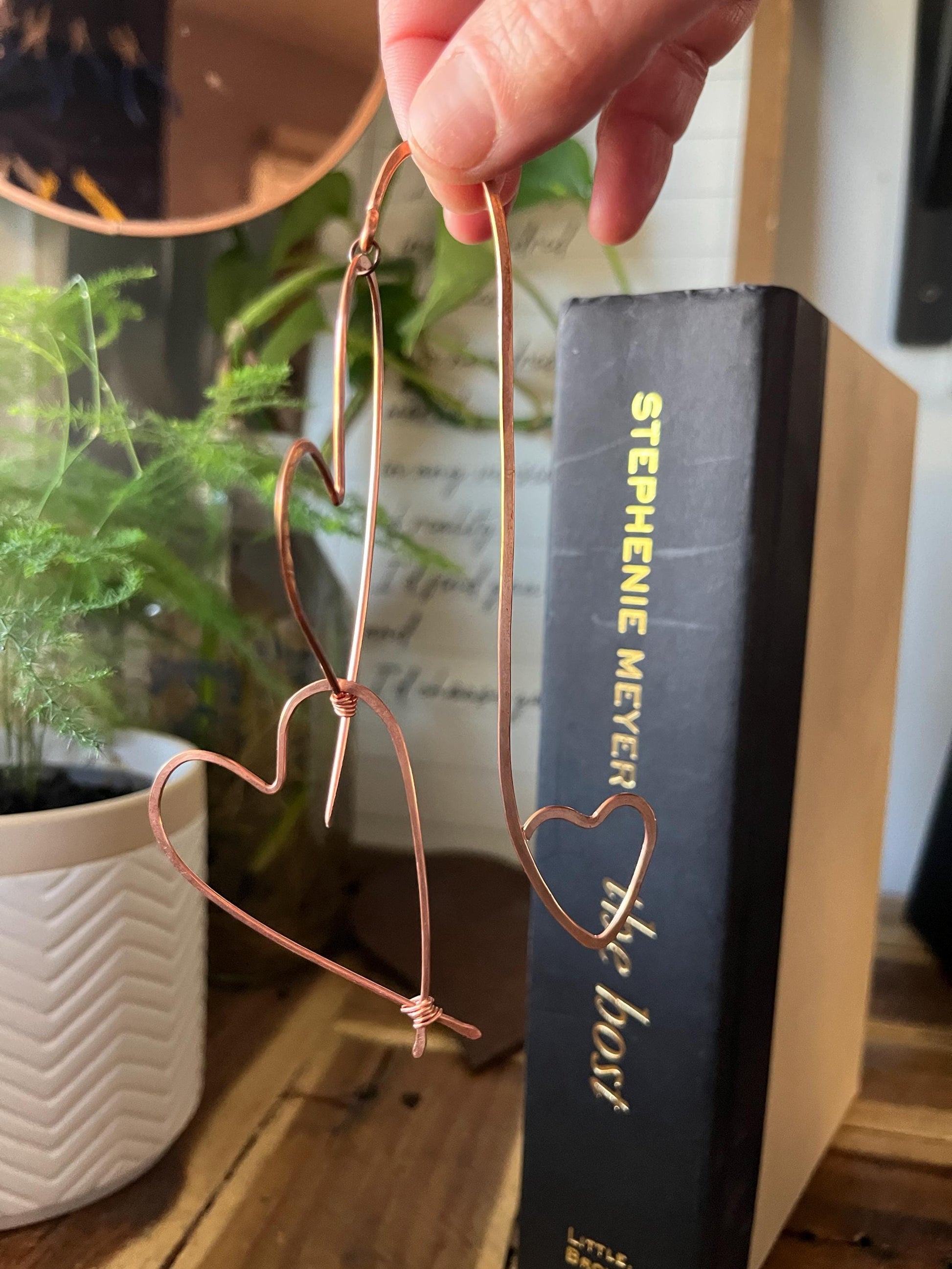 Two Hearts Book Mark Book Hook Handmade Copper Bookmark: Book Jewelry, Bookish Gift for Readers, Book Club, 7 Year Anniversary Gift