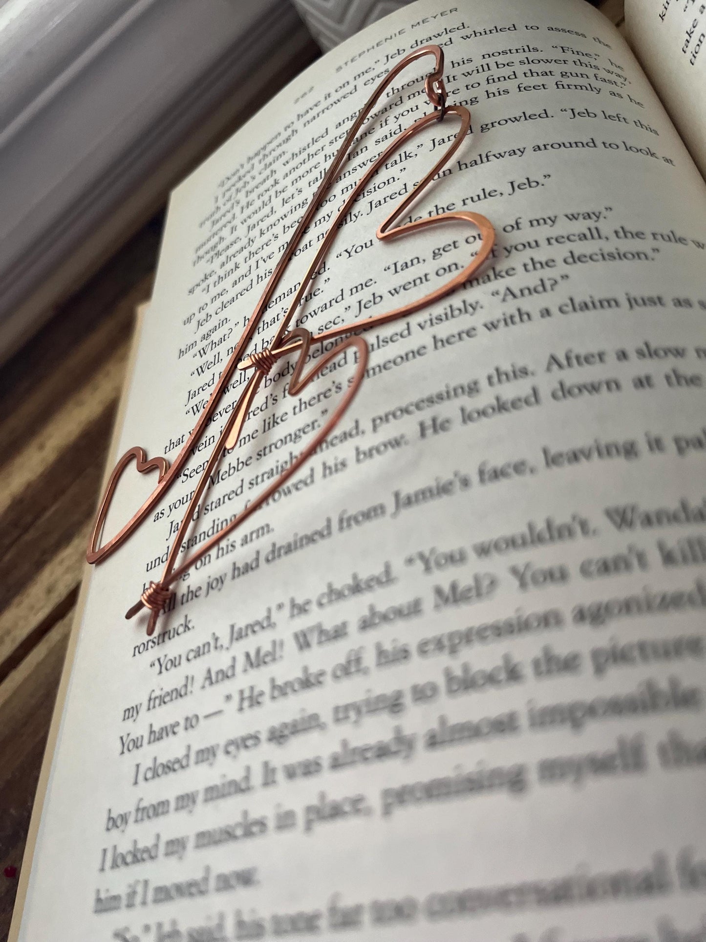 Two Hearts Book Mark Book Hook Handmade Copper Bookmark: Book Jewelry, Bookish Gift for Readers, Book Club, 7 Year Anniversary Gift