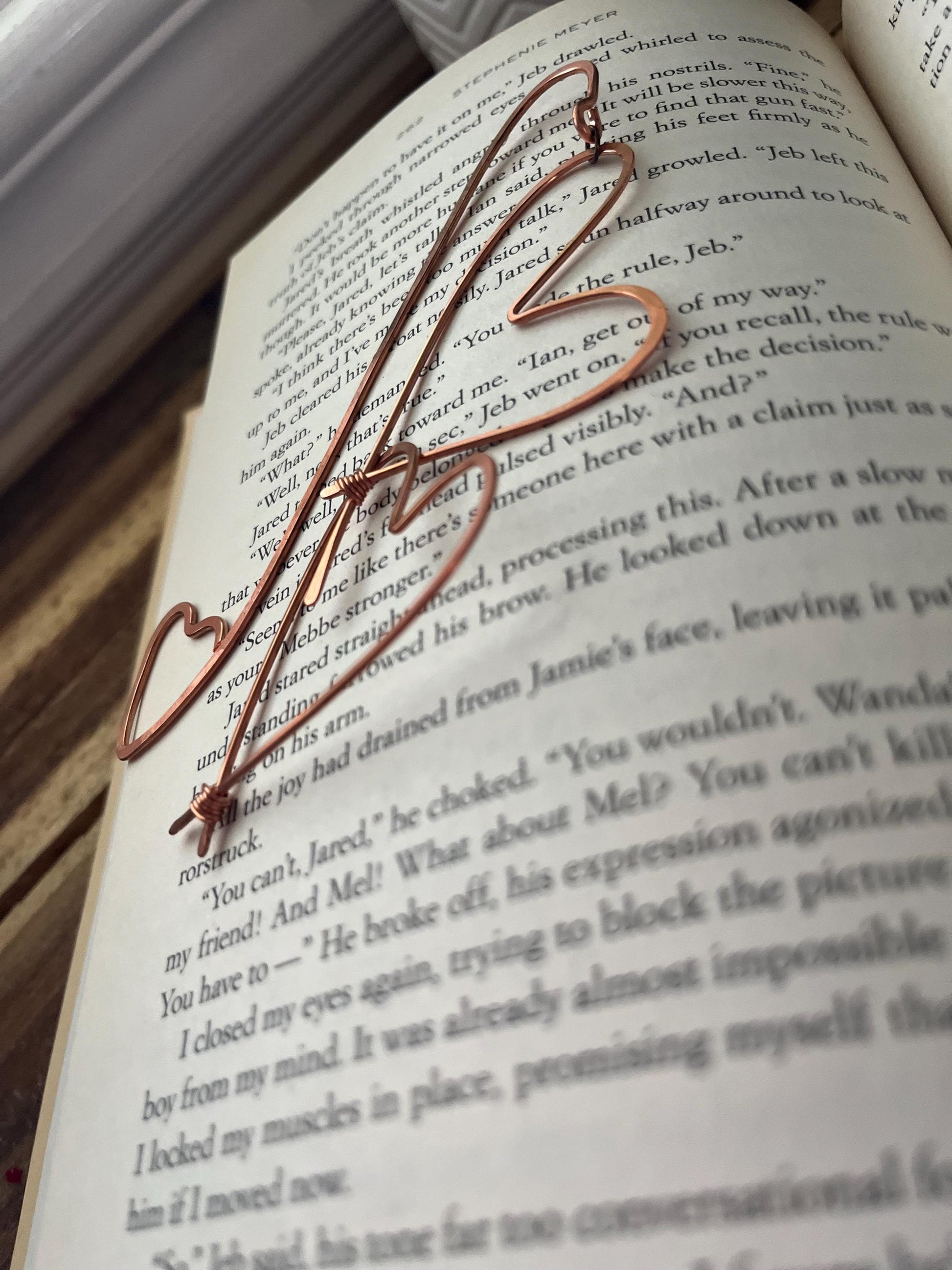 Two Hearts Book Mark Book Hook Handmade Copper Bookmark: Book Jewelry, Bookish Gift for Readers, Book Club, 7 Year Anniversary Gift