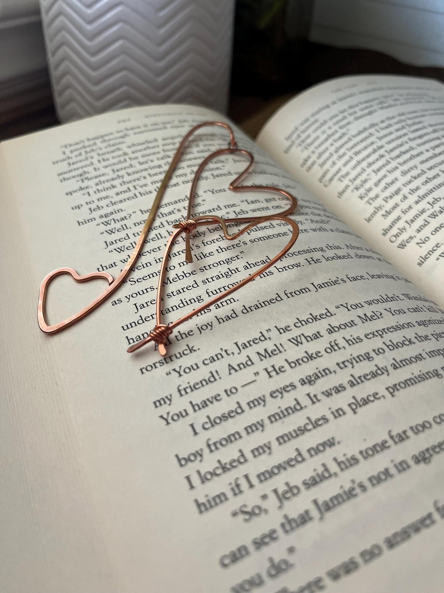 Two Hearts Book Mark Book Hook Handmade Copper Bookmark: Book Jewelry, Bookish Gift for Readers, Book Club, 7 Year Anniversary Gift