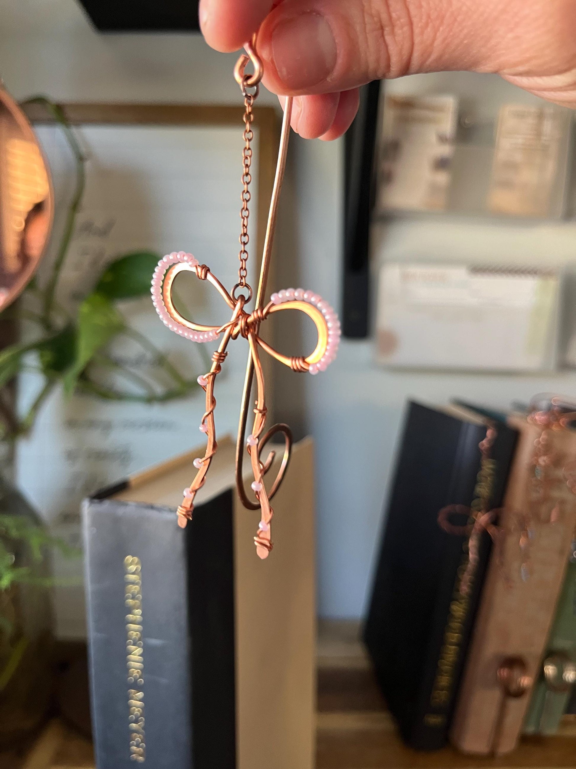 Classic Pink Bead Bow Book Mark Book Hook Handmade Copper Bookmark: Book Jewelry, Reader Bookish Gift, Book Club, 7 Year Anniversary Gift