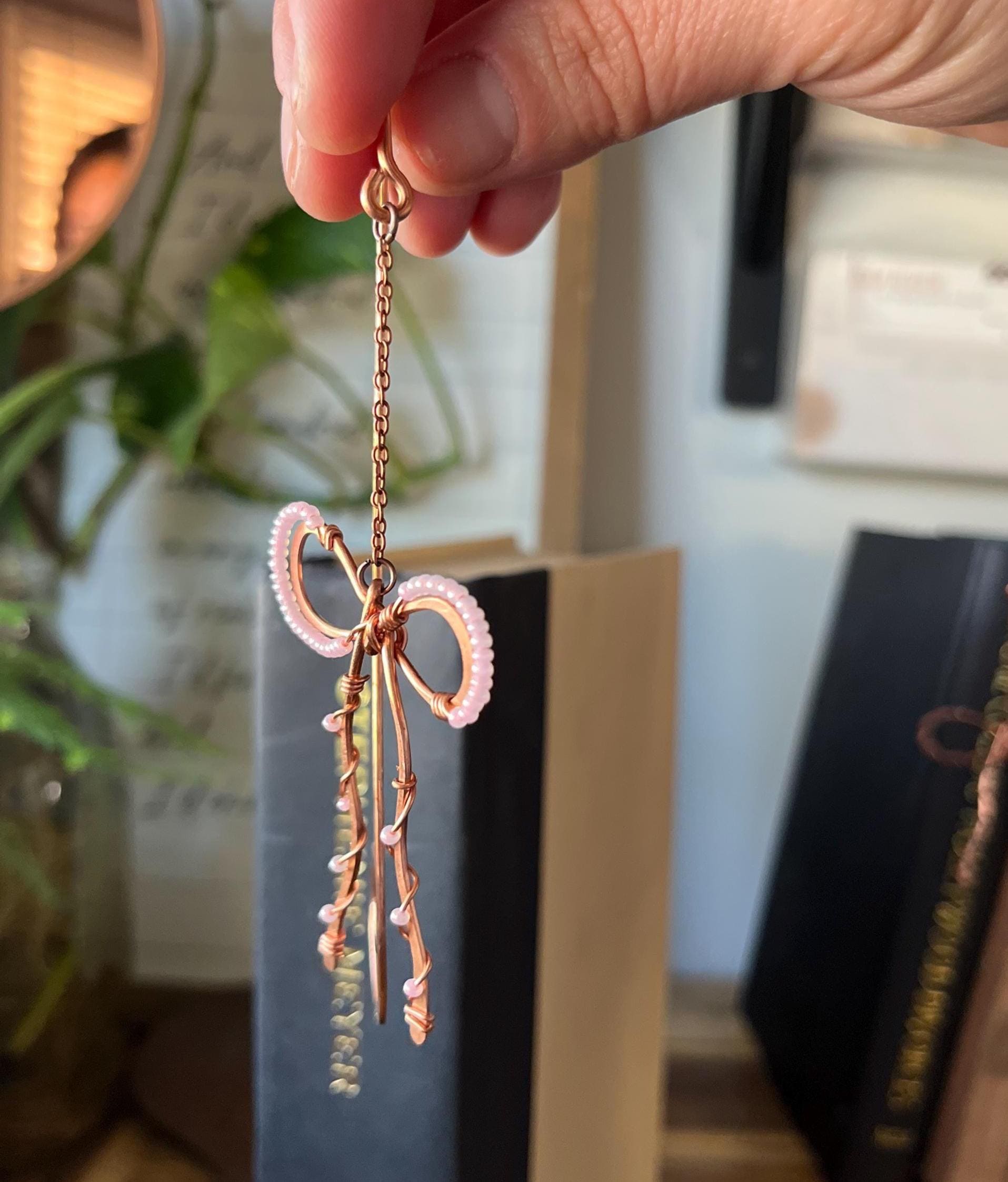 Classic Pink Bead Bow Book Mark Book Hook Handmade Copper Bookmark: Book Jewelry, Reader Bookish Gift, Book Club, 7 Year Anniversary Gift