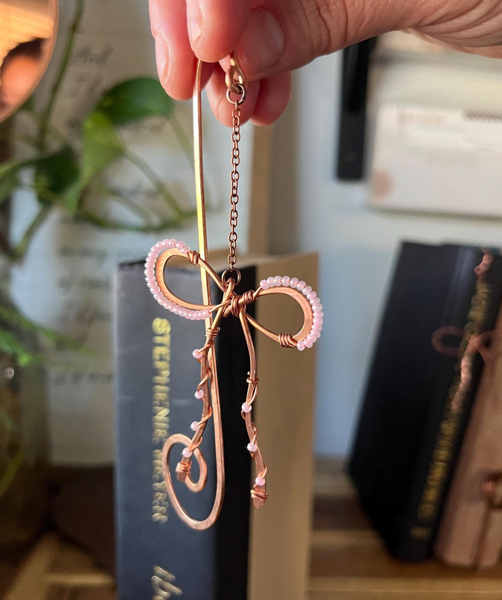 Classic Pink Bead Bow Book Mark Book Hook Handmade Copper Bookmark: Book Jewelry, Reader Bookish Gift, Book Club, 7 Year Anniversary Gift