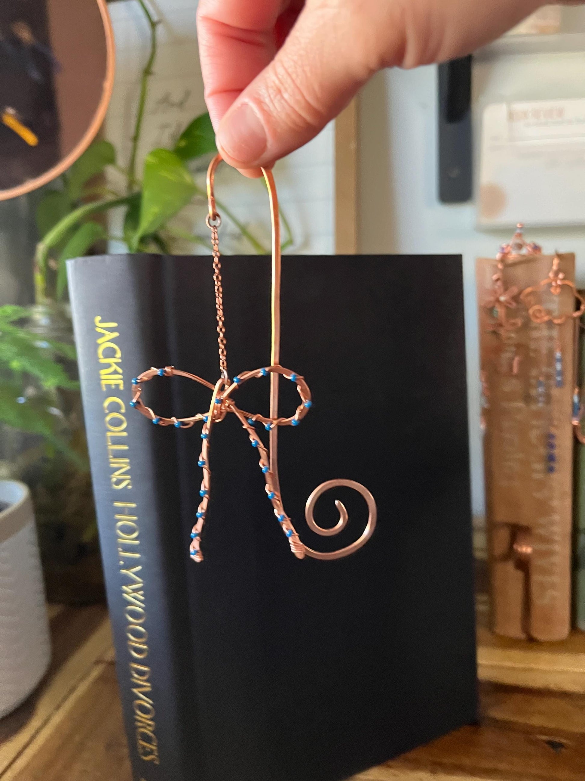 Classic Blue Bead Bow Book Mark Book Hook Handmade Copper Bookmark: Book Jewelry, Reader Bookish Gift, Book Club, 7 Year Anniversary Gift