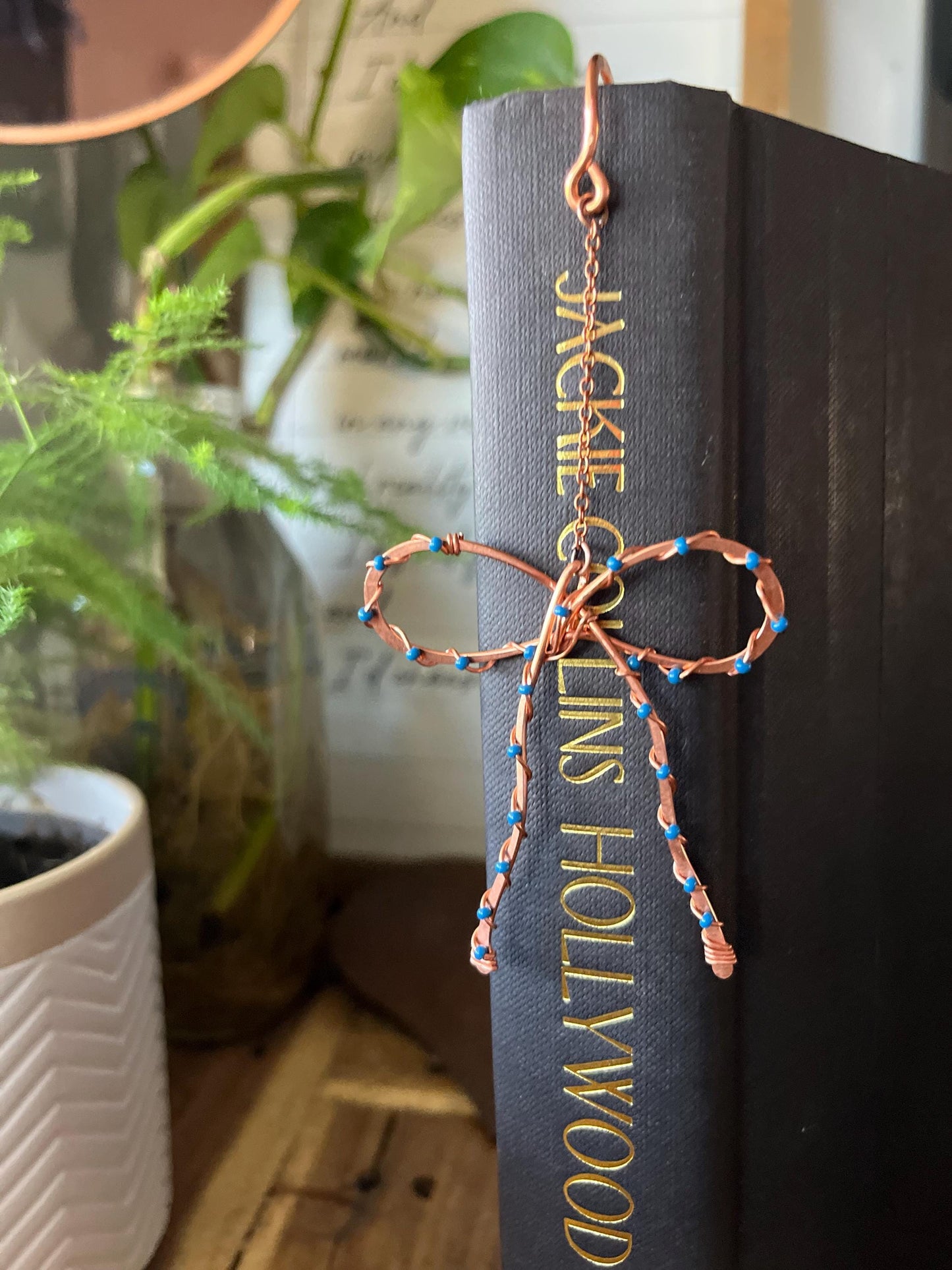 Classic Blue Bead Bow Book Mark Book Hook Handmade Copper Bookmark: Book Jewelry, Reader Bookish Gift, Book Club, 7 Year Anniversary Gift
