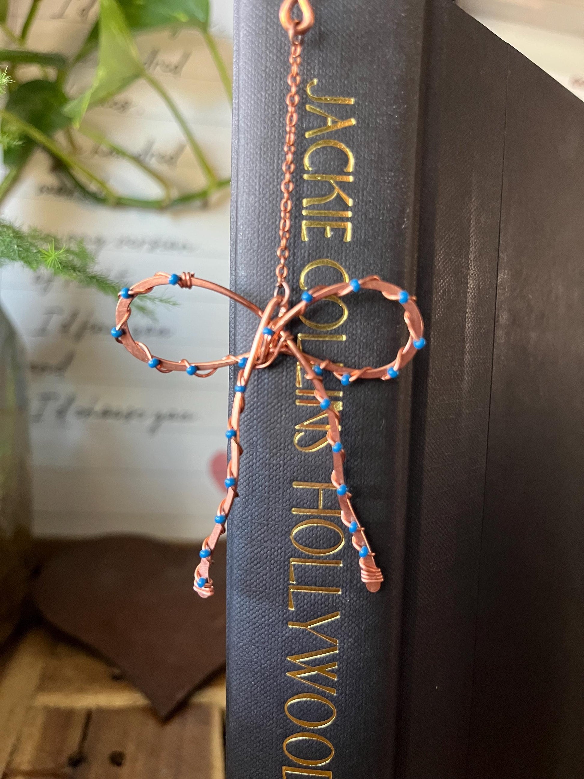 Classic Blue Bead Bow Book Mark Book Hook Handmade Copper Bookmark: Book Jewelry, Reader Bookish Gift, Book Club, 7 Year Anniversary Gift