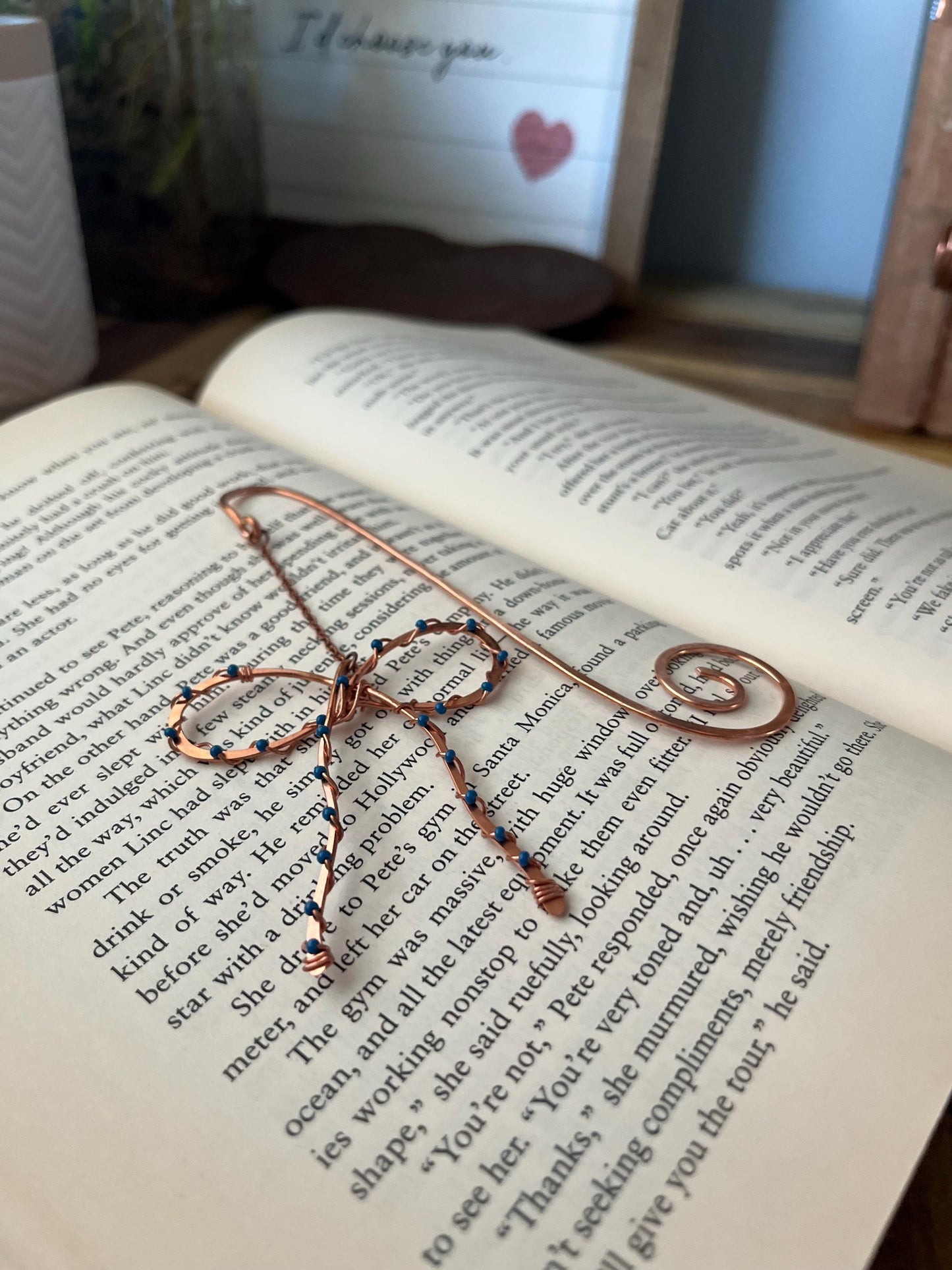 Classic Blue Bead Bow Book Mark Book Hook Handmade Copper Bookmark: Book Jewelry, Reader Bookish Gift, Book Club, 7 Year Anniversary Gift
