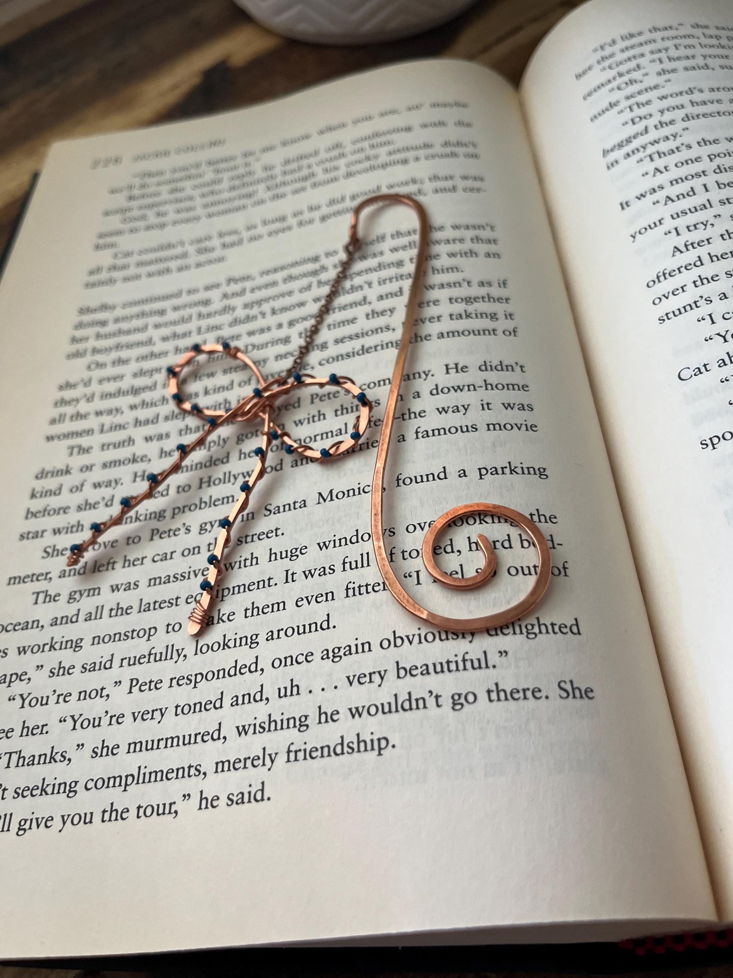 Classic Blue Bead Bow Book Mark Book Hook Handmade Copper Bookmark: Book Jewelry, Reader Bookish Gift, Book Club, 7 Year Anniversary Gift