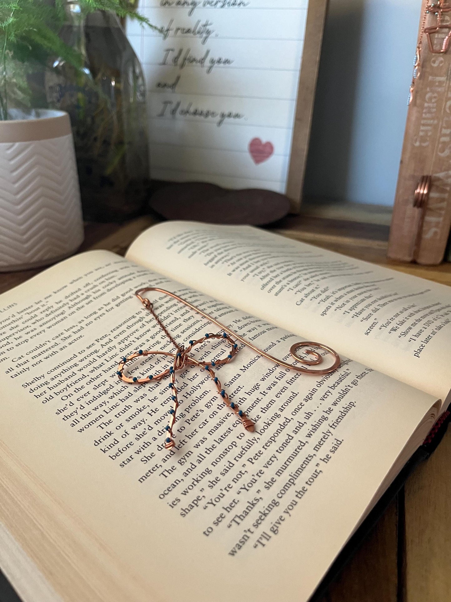 Classic Blue Bead Bow Book Mark Book Hook Handmade Copper Bookmark: Book Jewelry, Reader Bookish Gift, Book Club, 7 Year Anniversary Gift