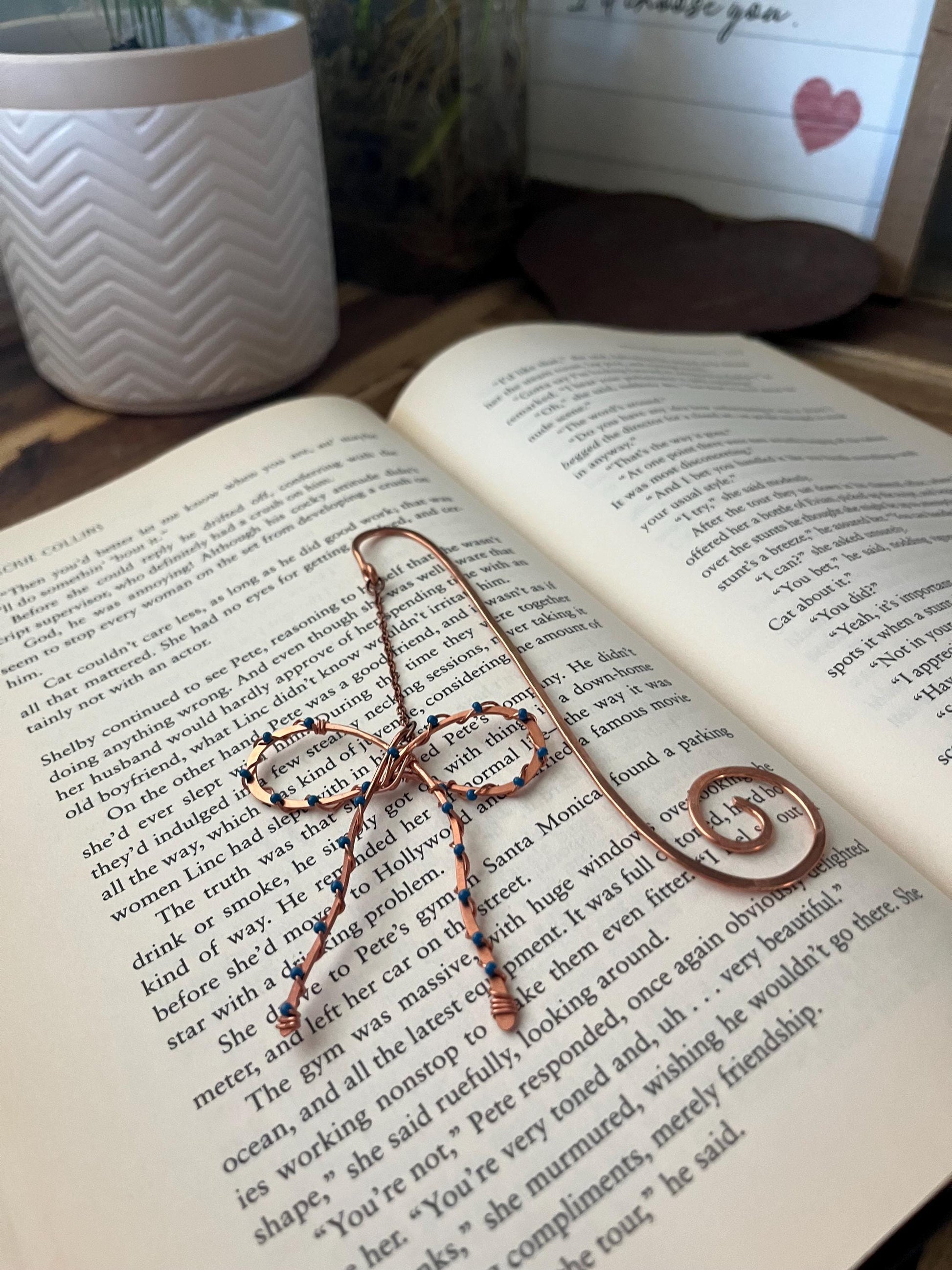 Classic Blue Bead Bow Book Mark Book Hook Handmade Copper Bookmark: Book Jewelry, Reader Bookish Gift, Book Club, 7 Year Anniversary Gift