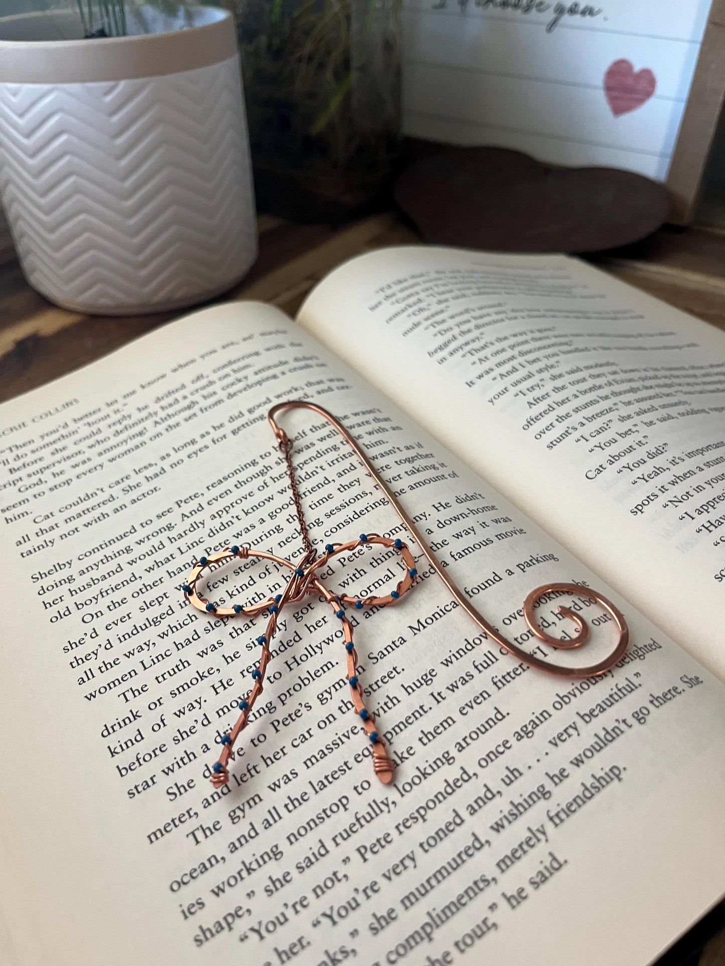 Classic Blue Bead Bow Book Mark Book Hook Handmade Copper Bookmark: Book Jewelry, Reader Bookish Gift, Book Club, 7 Year Anniversary Gift