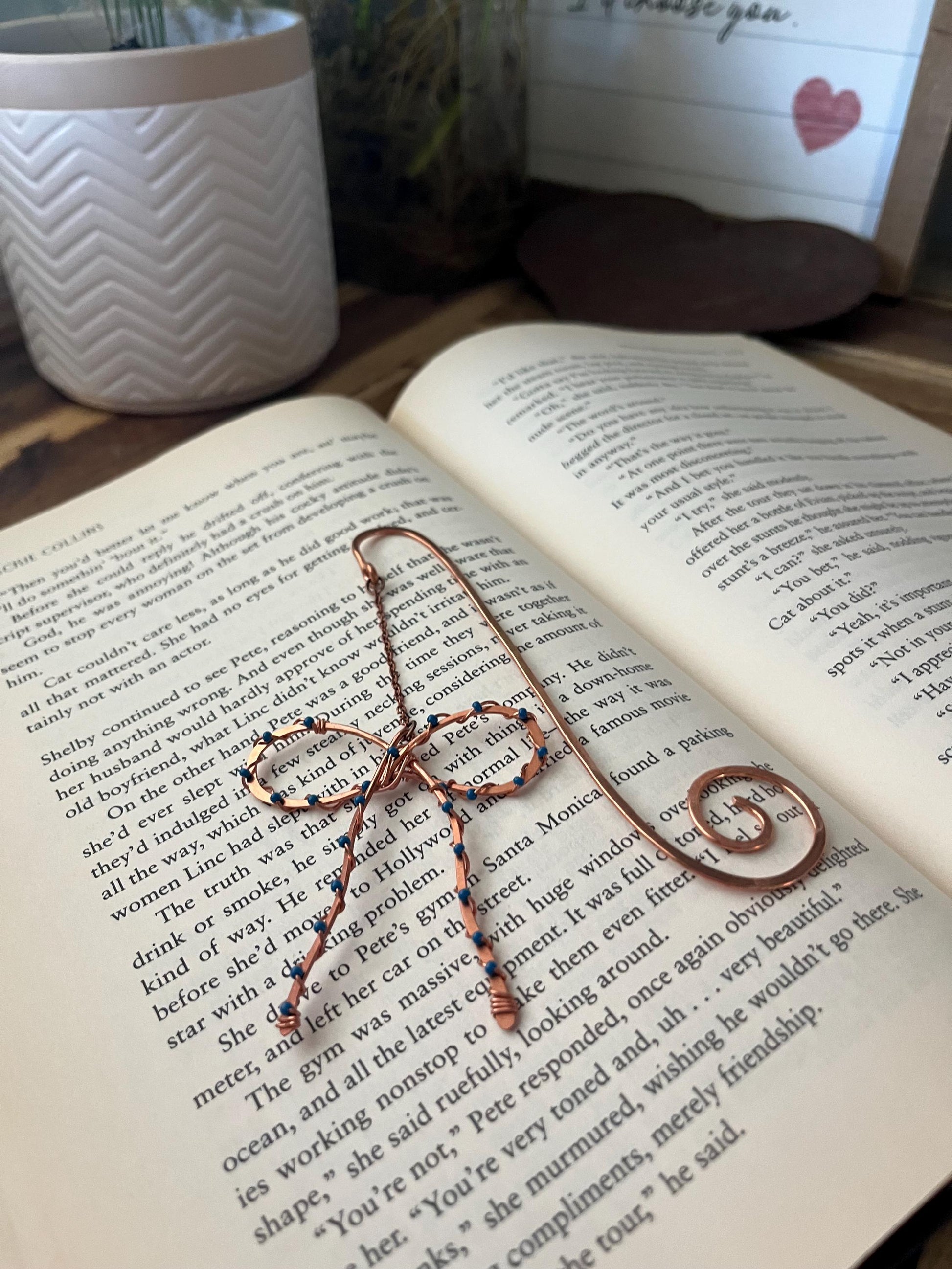Classic Blue Bead Bow Book Mark Book Hook Handmade Copper Bookmark: Book Jewelry, Reader Bookish Gift, Book Club, 7 Year Anniversary Gift