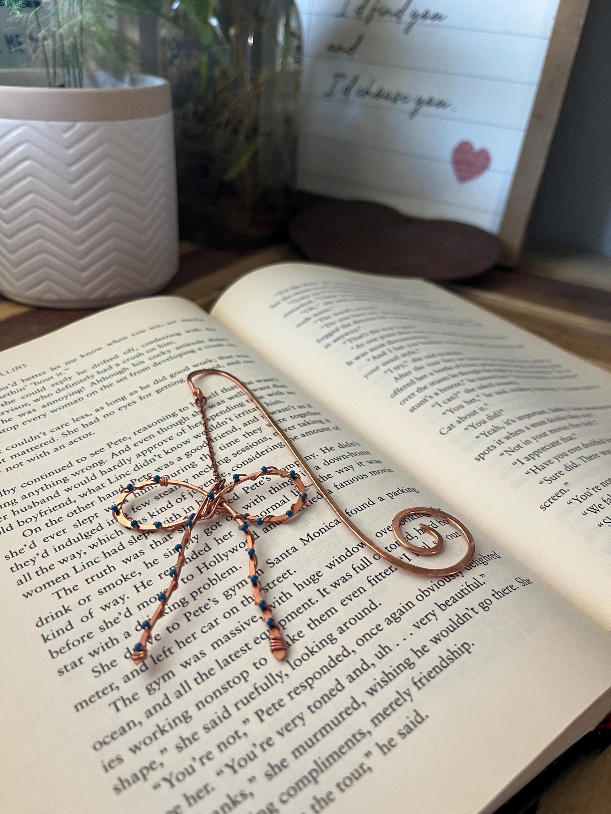 Classic Blue Bead Bow Book Mark Book Hook Handmade Copper Bookmark: Book Jewelry, Reader Bookish Gift, Book Club, 7 Year Anniversary Gift