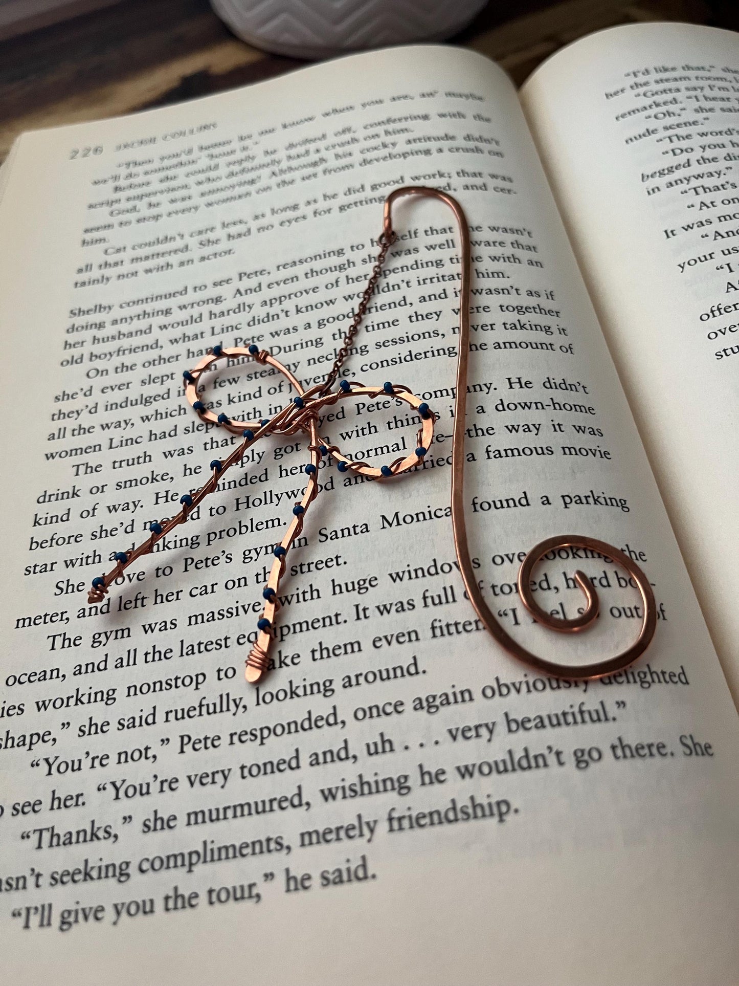 Classic Blue Bead Bow Book Mark Book Hook Handmade Copper Bookmark: Book Jewelry, Reader Bookish Gift, Book Club, 7 Year Anniversary Gift