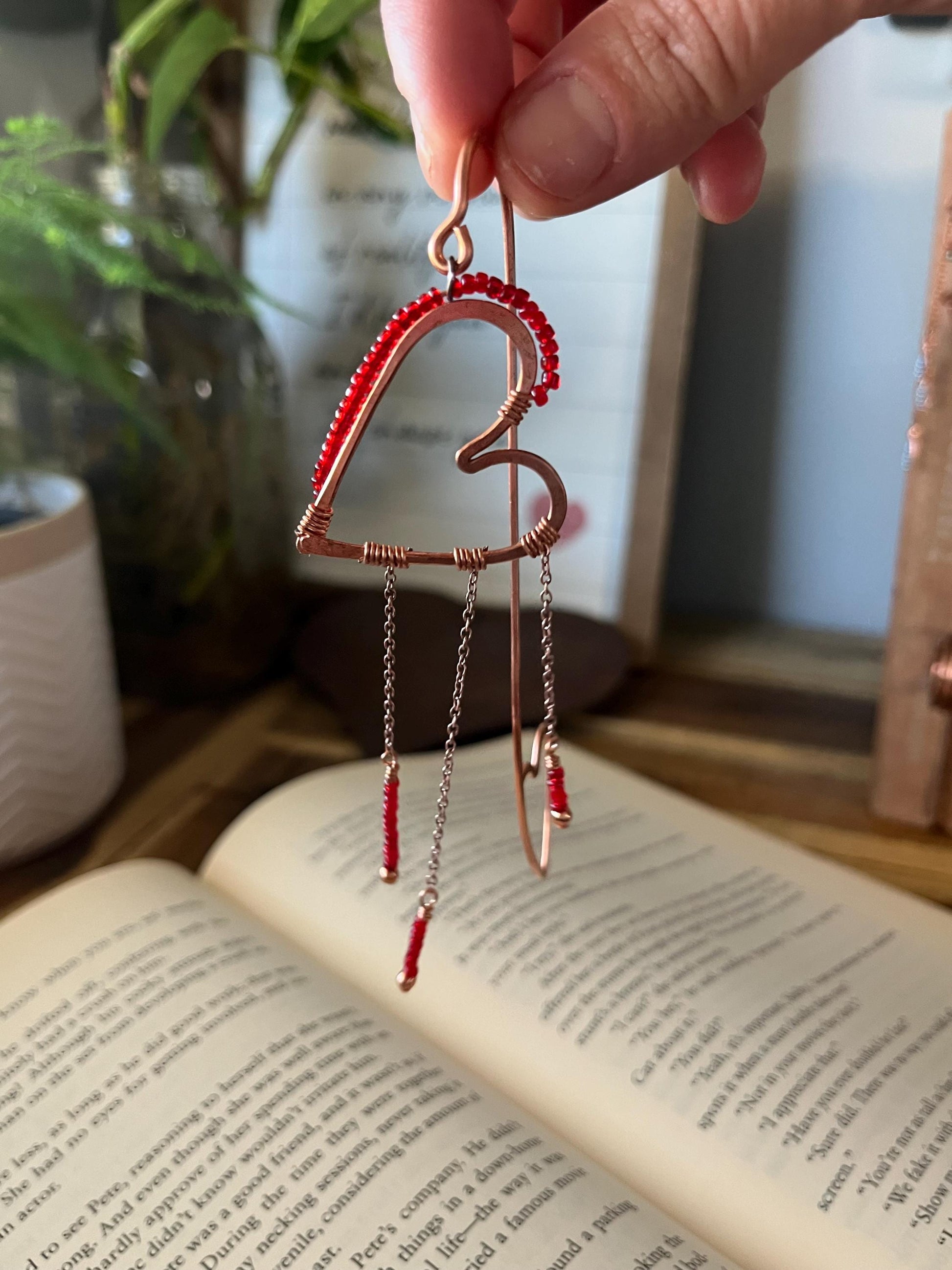 Red Bead Heart Book Mark Book Hook Handmade Copper Bookmark: Book Jewelry, Reader Bookish Gift, Book Club, 7 Year Anniversary Gift