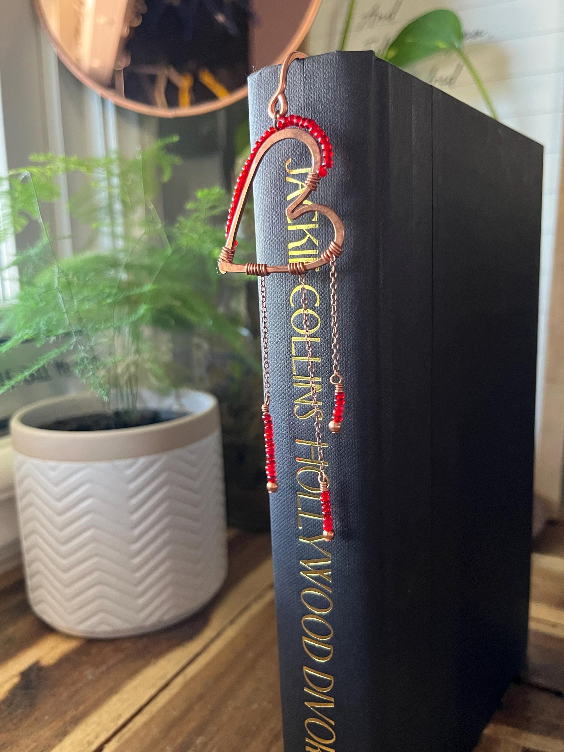 Red Bead Heart Book Mark Book Hook Handmade Copper Bookmark: Book Jewelry, Reader Bookish Gift, Book Club, 7 Year Anniversary Gift