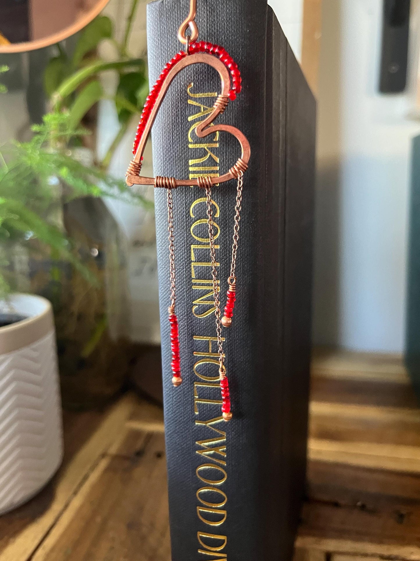 Red Bead Heart Book Mark Book Hook Handmade Copper Bookmark: Book Jewelry, Reader Bookish Gift, Book Club, 7 Year Anniversary Gift