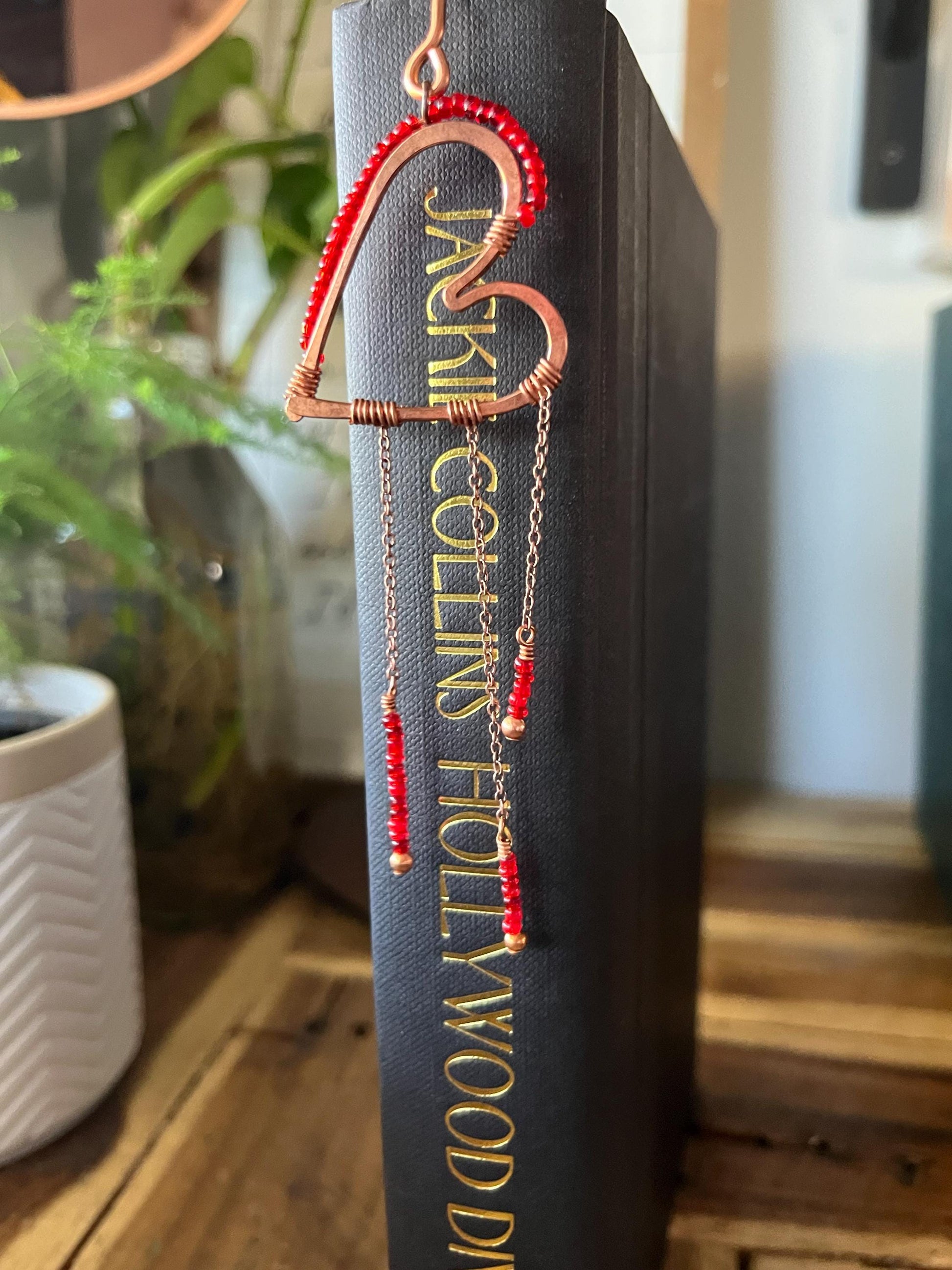 Red Bead Heart Book Mark Book Hook Handmade Copper Bookmark: Book Jewelry, Reader Bookish Gift, Book Club, 7 Year Anniversary Gift