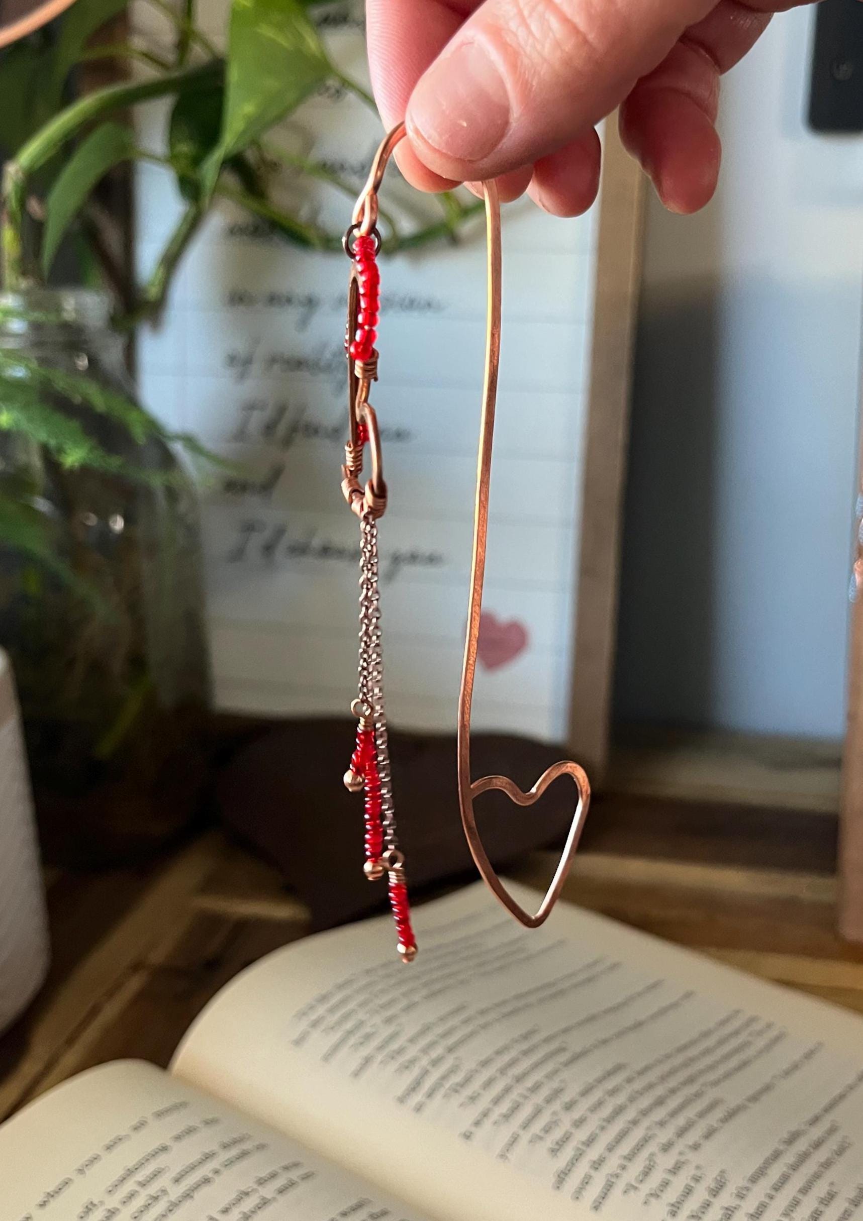 Red Bead Heart Book Mark Book Hook Handmade Copper Bookmark: Book Jewelry, Reader Bookish Gift, Book Club, 7 Year Anniversary Gift