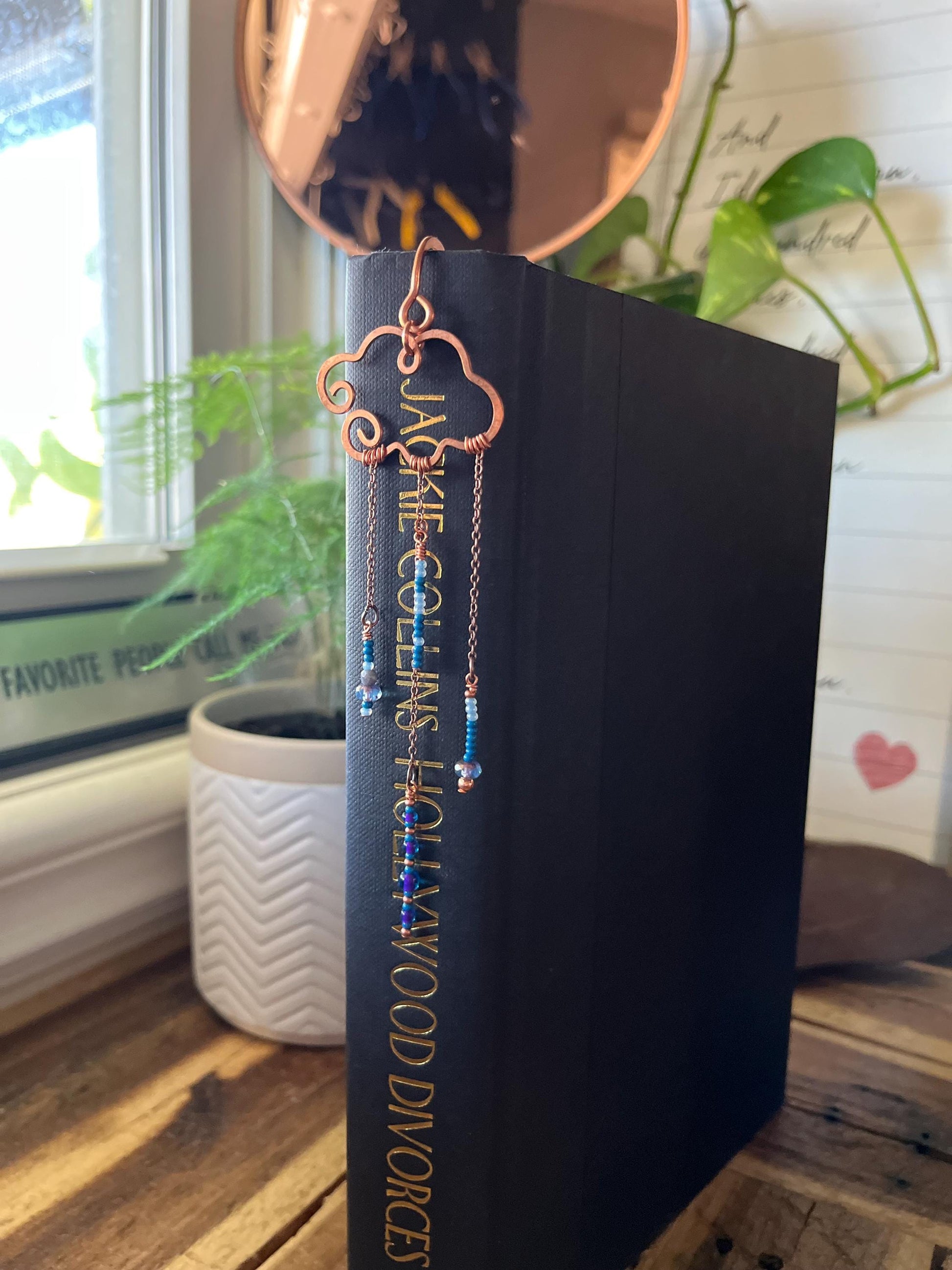 Rain Cloud Bead Book Mark Book Hook Handmade Copper Bookmark: Book Jewelry, Reader Bookish Gift, Book Club, 7 Year Anniversary Gift