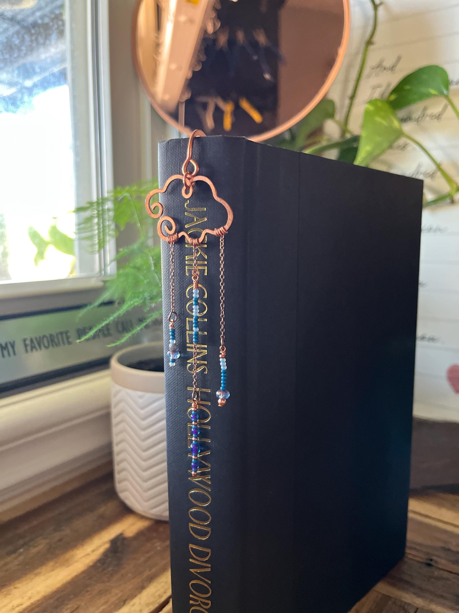 Rain Cloud Bead Book Mark Book Hook Handmade Copper Bookmark: Book Jewelry, Reader Bookish Gift, Book Club, 7 Year Anniversary Gift