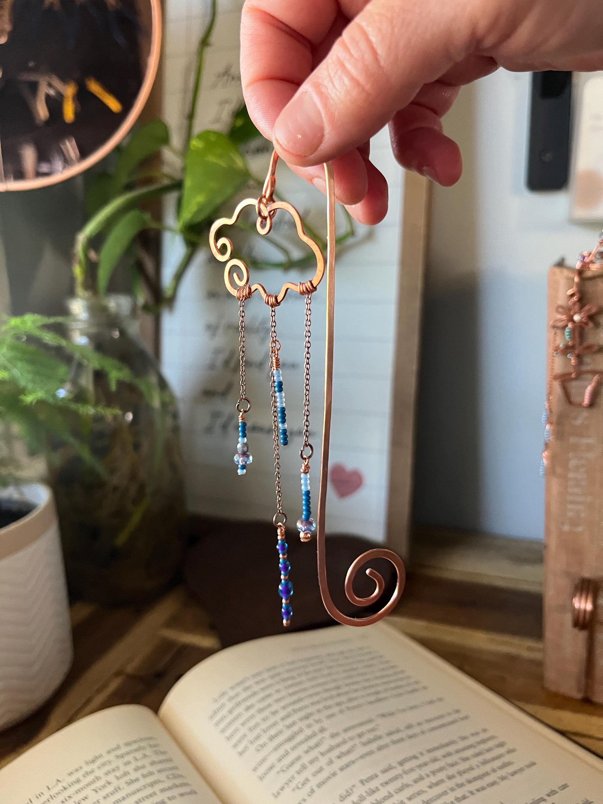 Rain Cloud Bead Book Mark Book Hook Handmade Copper Bookmark: Book Jewelry, Reader Bookish Gift, Book Club, 7 Year Anniversary Gift