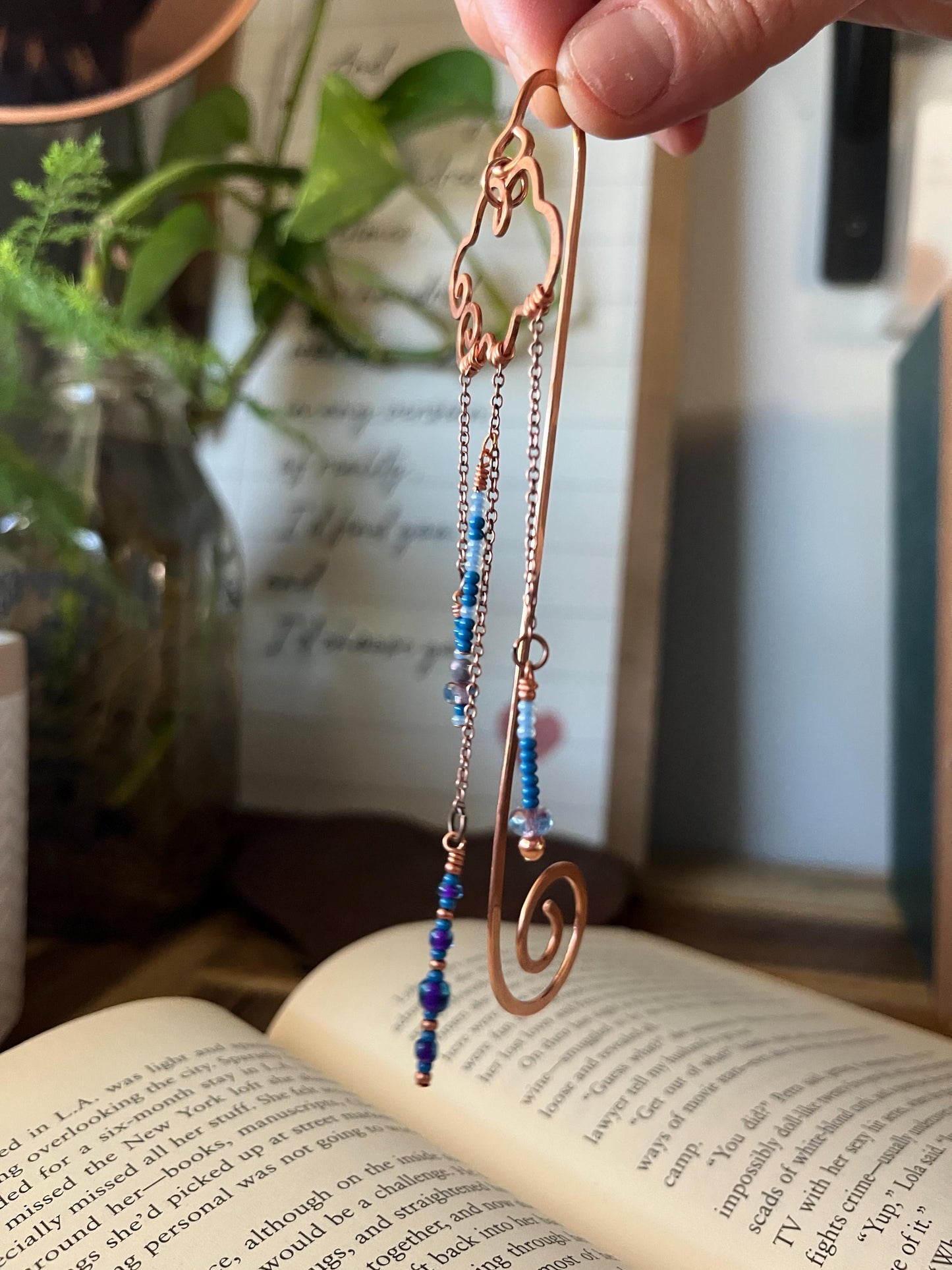Rain Cloud Bead Book Mark Book Hook Handmade Copper Bookmark: Book Jewelry, Reader Bookish Gift, Book Club, 7 Year Anniversary Gift