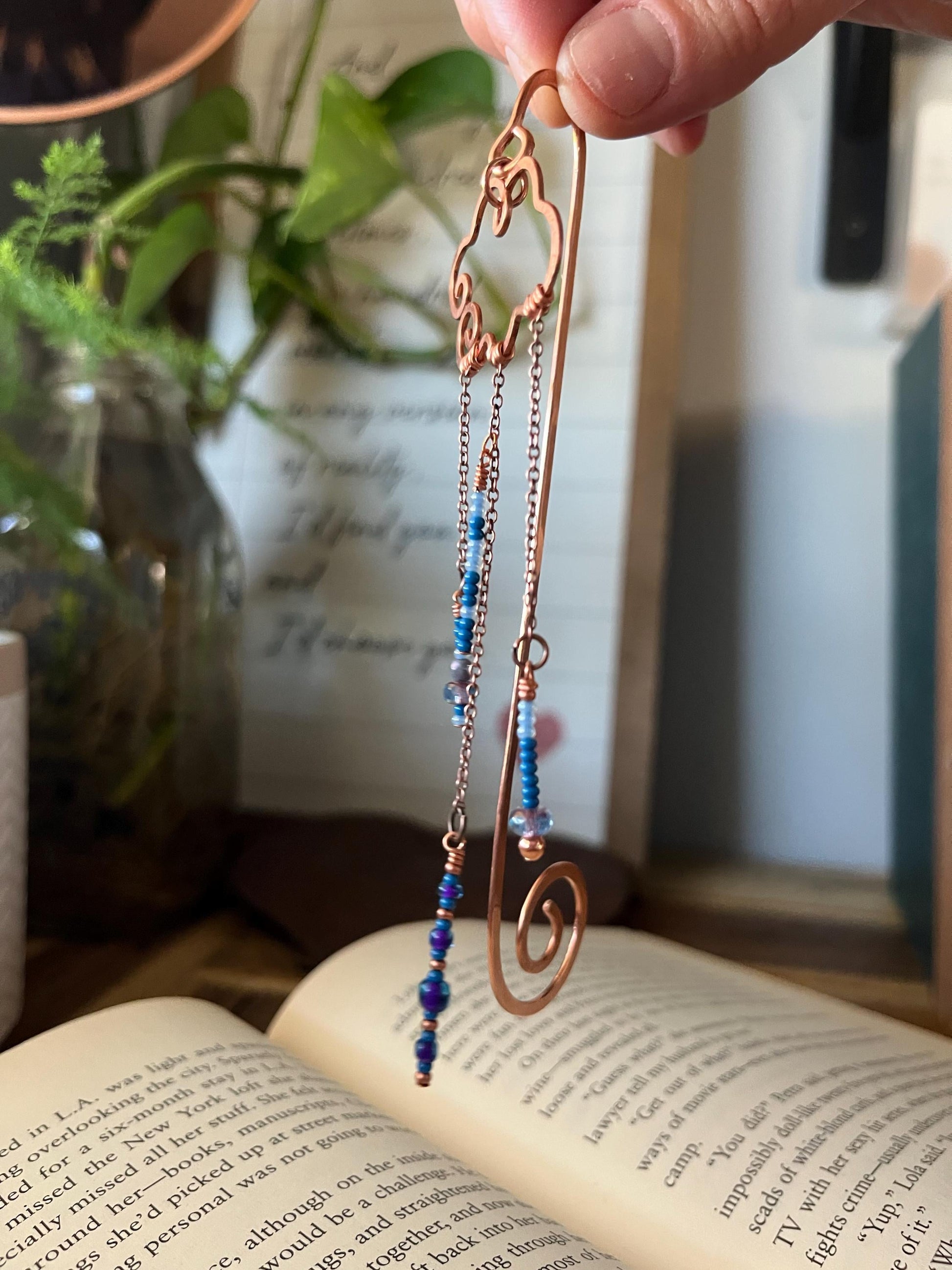 Rain Cloud Bead Book Mark Book Hook Handmade Copper Bookmark: Book Jewelry, Reader Bookish Gift, Book Club, 7 Year Anniversary Gift