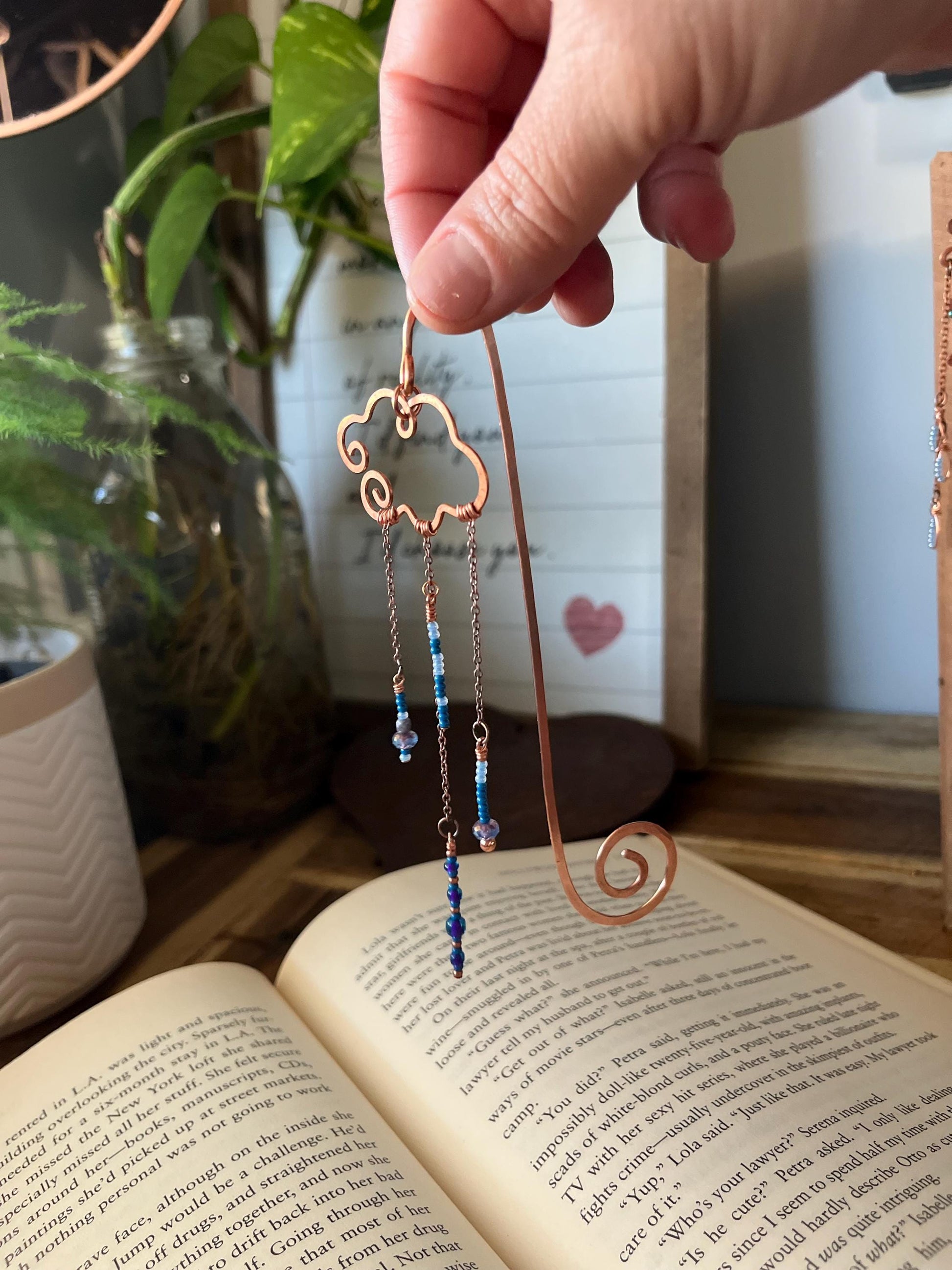 Rain Cloud Bead Book Mark Book Hook Handmade Copper Bookmark: Book Jewelry, Reader Bookish Gift, Book Club, 7 Year Anniversary Gift