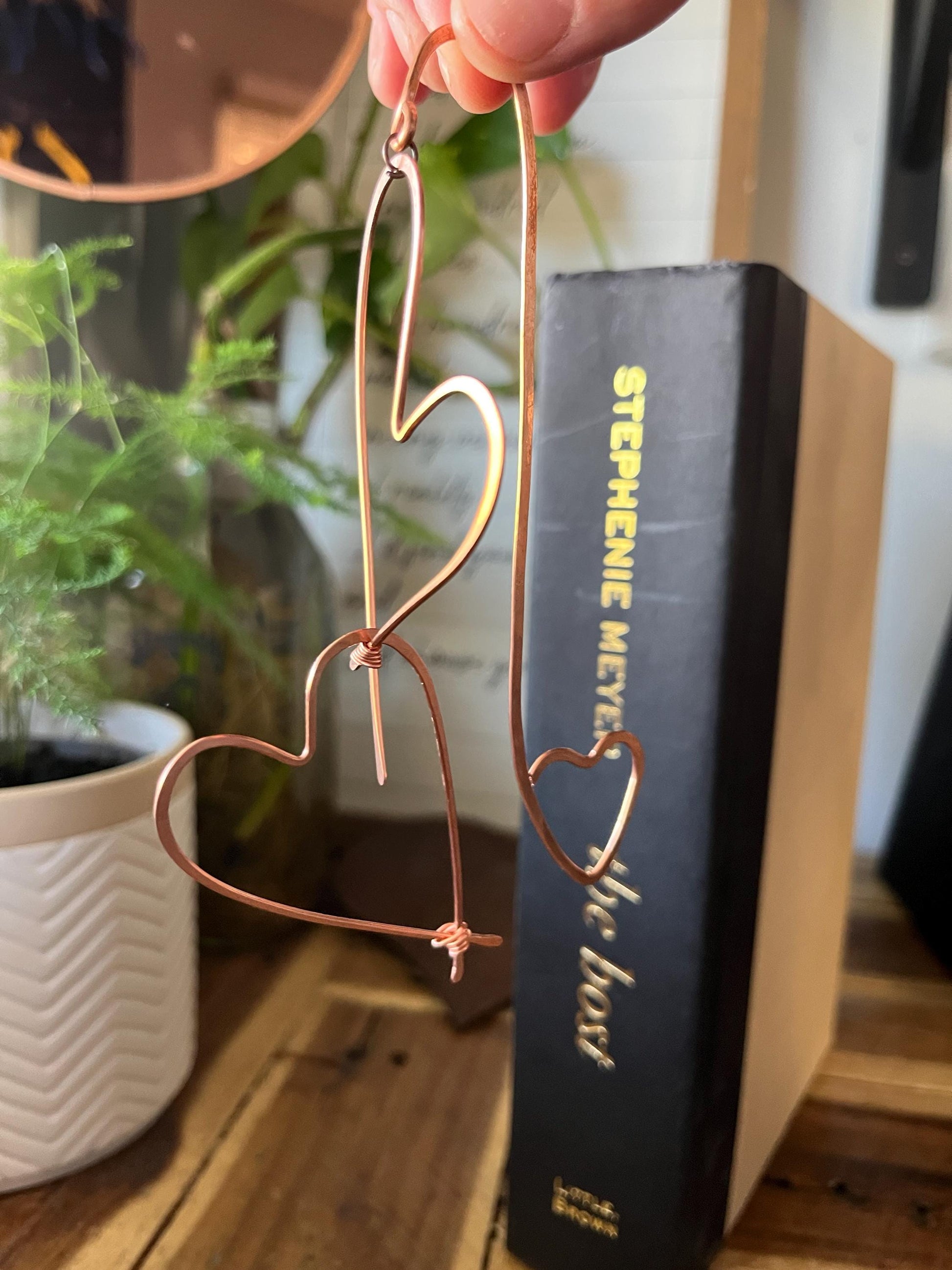 Two Hearts Book Mark Book Hook Handmade Copper Bookmark: Book Jewelry, Bookish Gift for Readers, Book Club, 7 Year Anniversary Gift