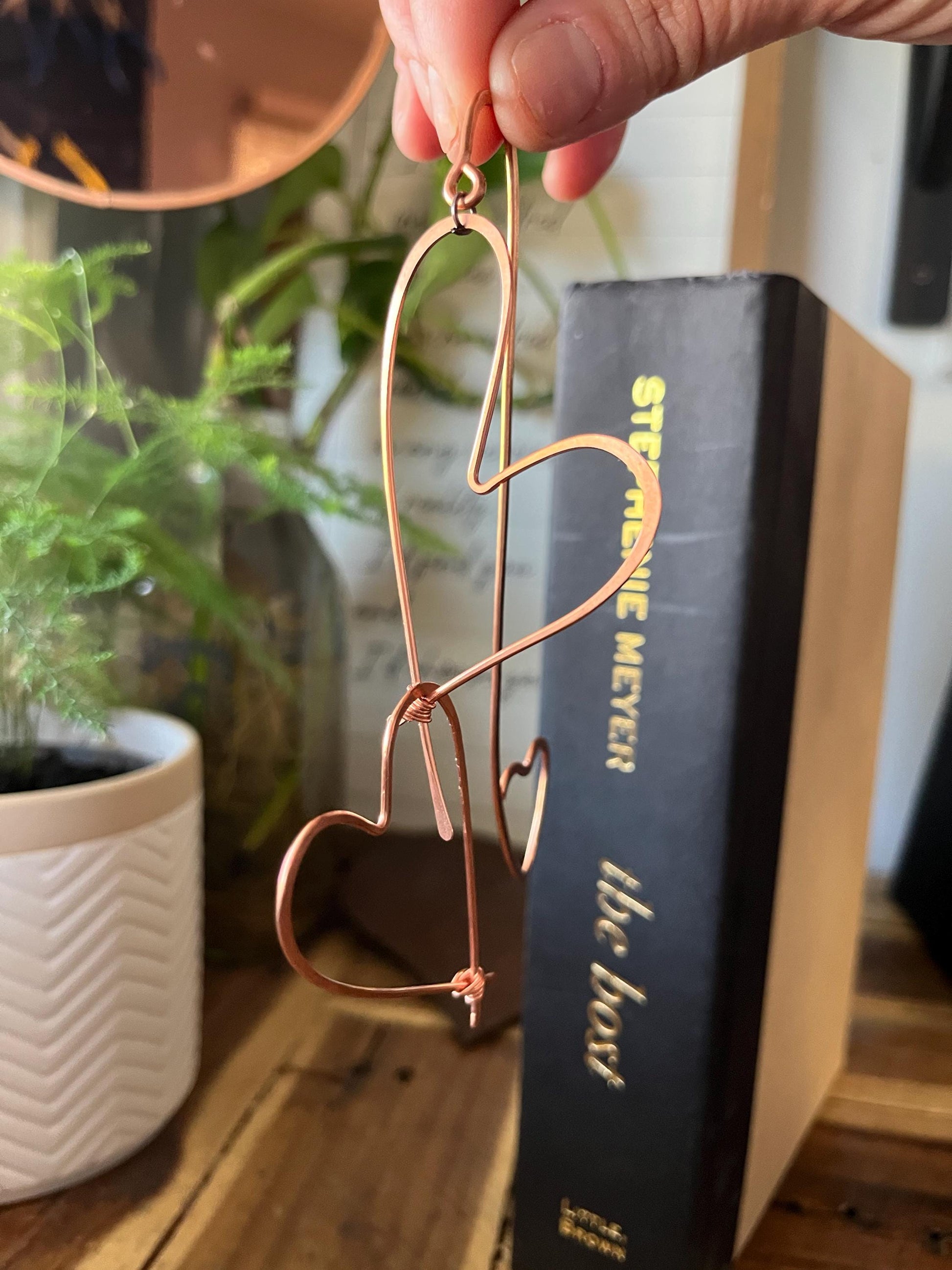 Two Hearts Book Mark Book Hook Handmade Copper Bookmark: Book Jewelry, Bookish Gift for Readers, Book Club, 7 Year Anniversary Gift
