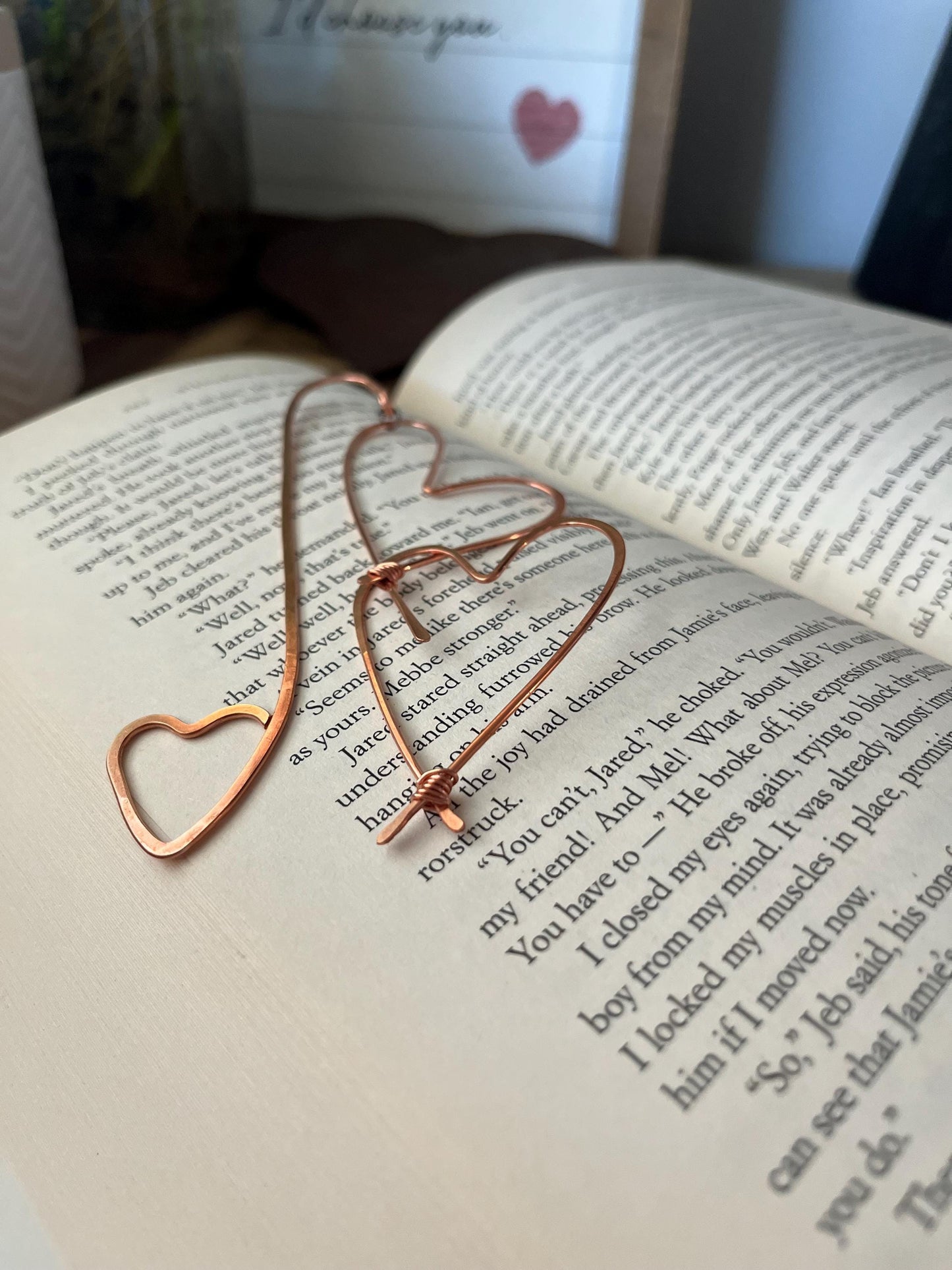 Two Hearts Book Mark Book Hook Handmade Copper Bookmark: Book Jewelry, Bookish Gift for Readers, Book Club, 7 Year Anniversary Gift