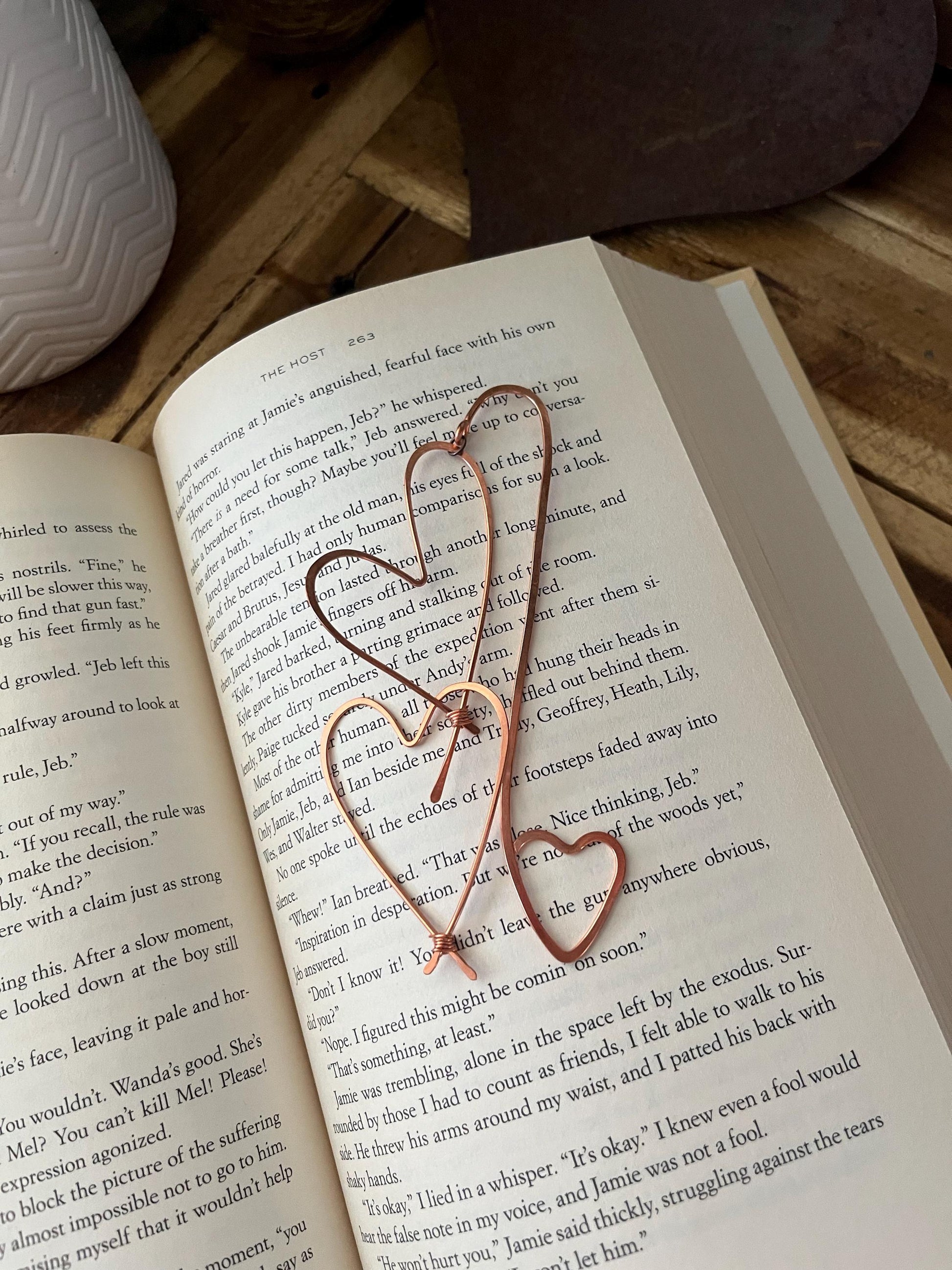 Two Hearts Book Mark Book Hook Handmade Copper Bookmark: Book Jewelry, Bookish Gift for Readers, Book Club, 7 Year Anniversary Gift