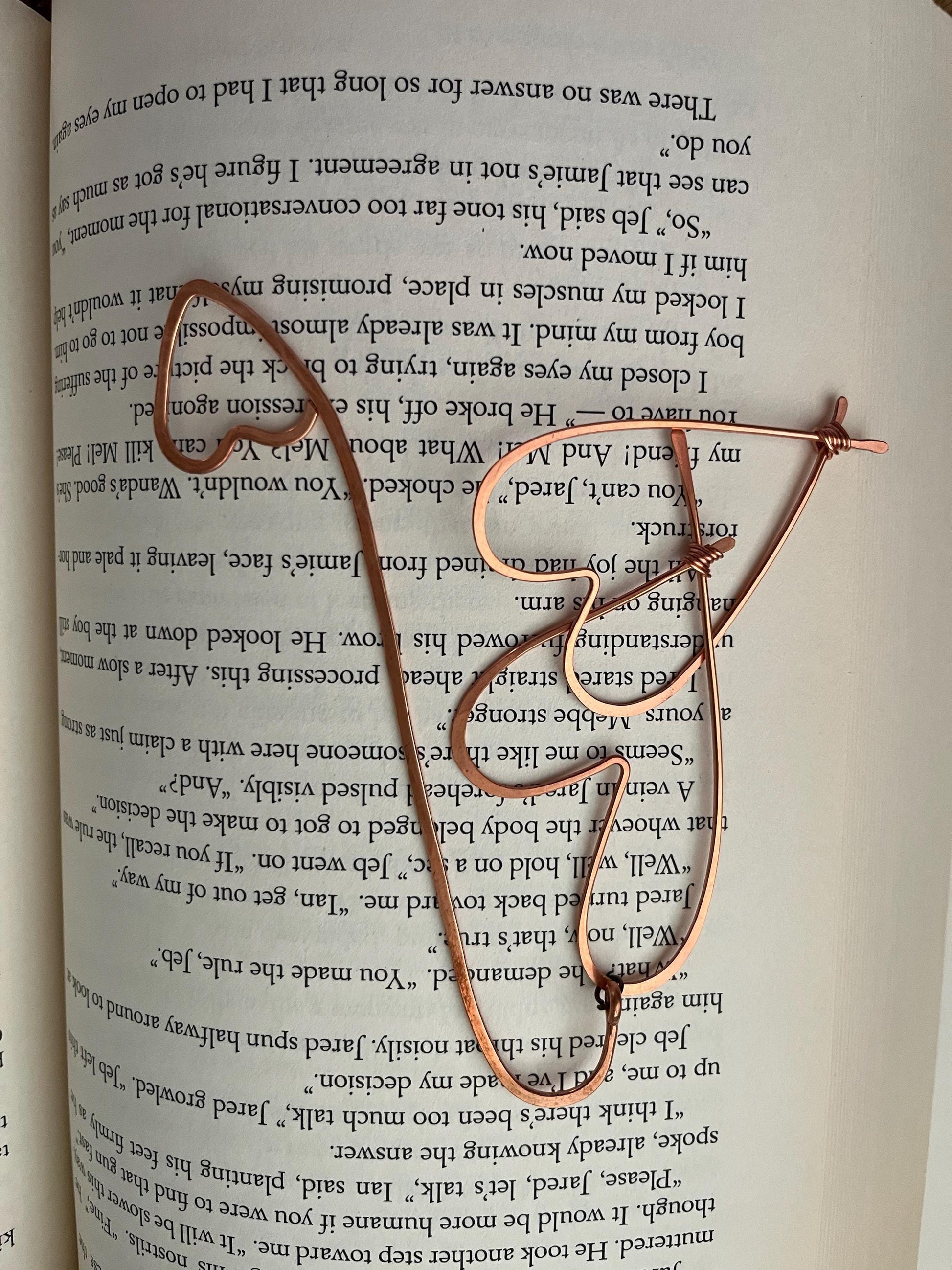 Two Hearts Book Mark Book Hook Handmade Copper Bookmark: Book Jewelry, Bookish Gift for Readers, Book Club, 7 Year Anniversary Gift