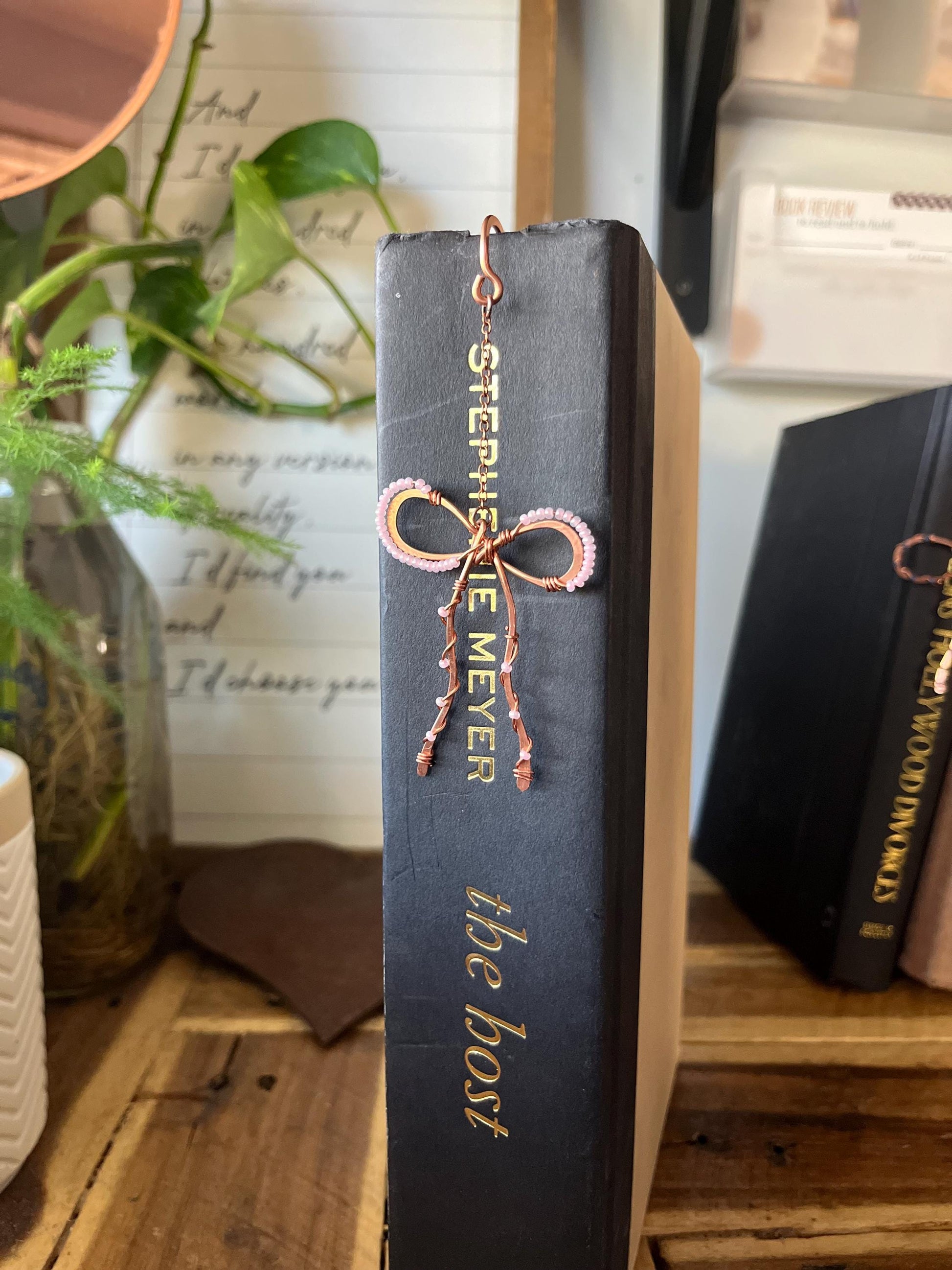 Classic Pink Bead Bow Book Mark Book Hook Handmade Copper Bookmark: Book Jewelry, Reader Bookish Gift, Book Club, 7 Year Anniversary Gift