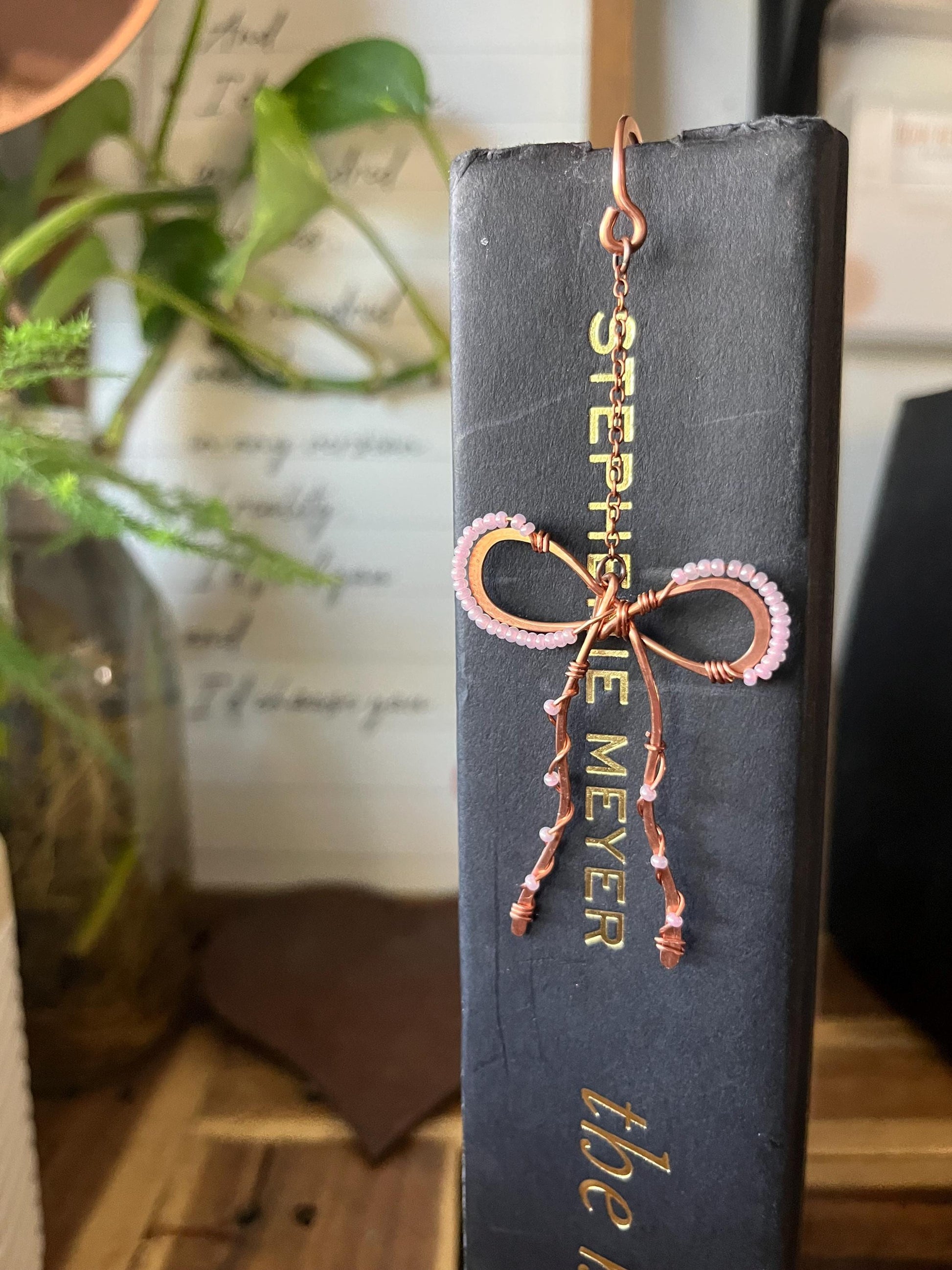 Classic Pink Bead Bow Book Mark Book Hook Handmade Copper Bookmark: Book Jewelry, Reader Bookish Gift, Book Club, 7 Year Anniversary Gift