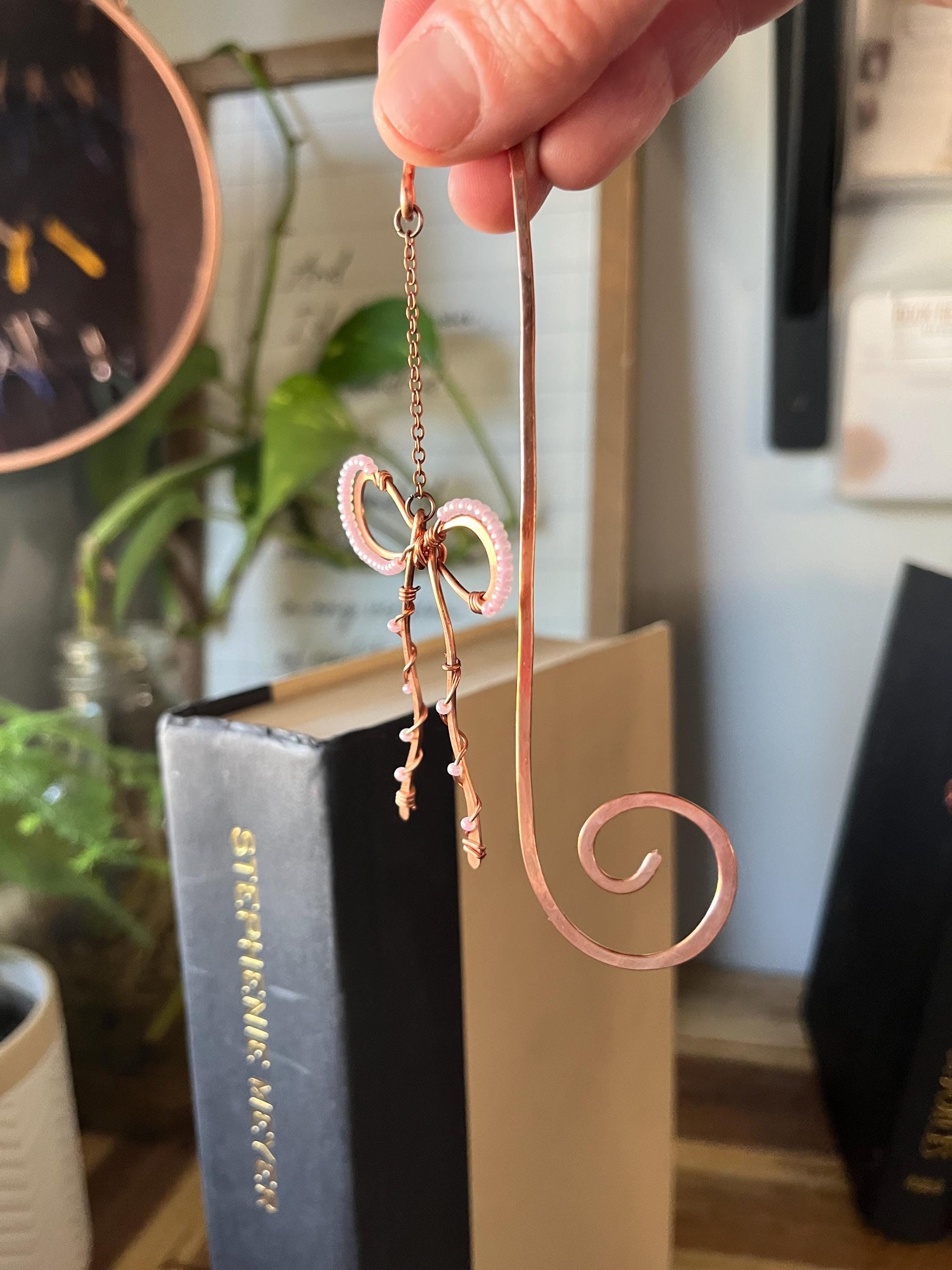 Classic Pink Bead Bow Book Mark Book Hook Handmade Copper Bookmark: Book Jewelry, Reader Bookish Gift, Book Club, 7 Year Anniversary Gift