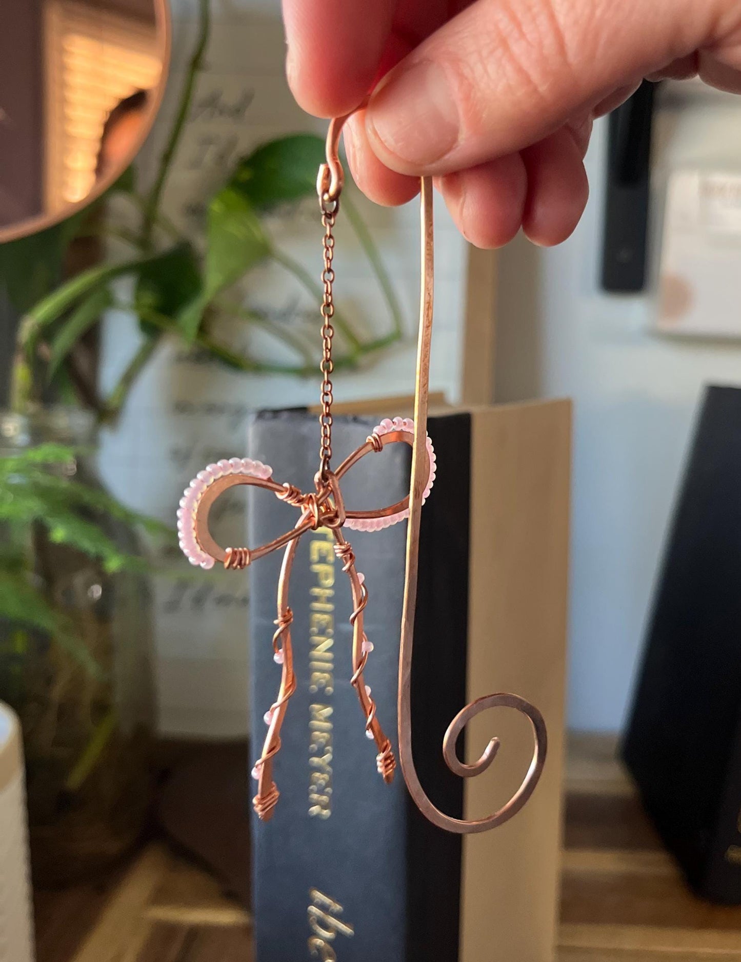 Classic Pink Bead Bow Book Mark Book Hook Handmade Copper Bookmark: Book Jewelry, Reader Bookish Gift, Book Club, 7 Year Anniversary Gift