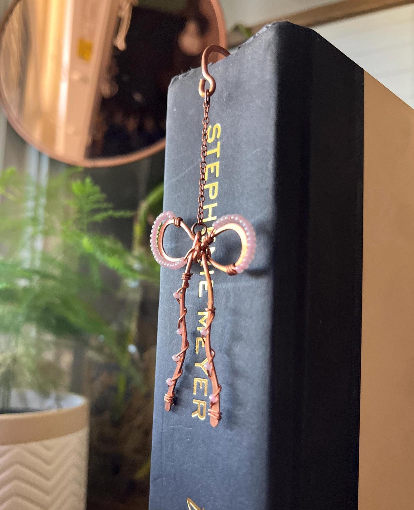 Classic Pink Bead Bow Book Mark Book Hook Handmade Copper Bookmark: Book Jewelry, Reader Bookish Gift, Book Club, 7 Year Anniversary Gift