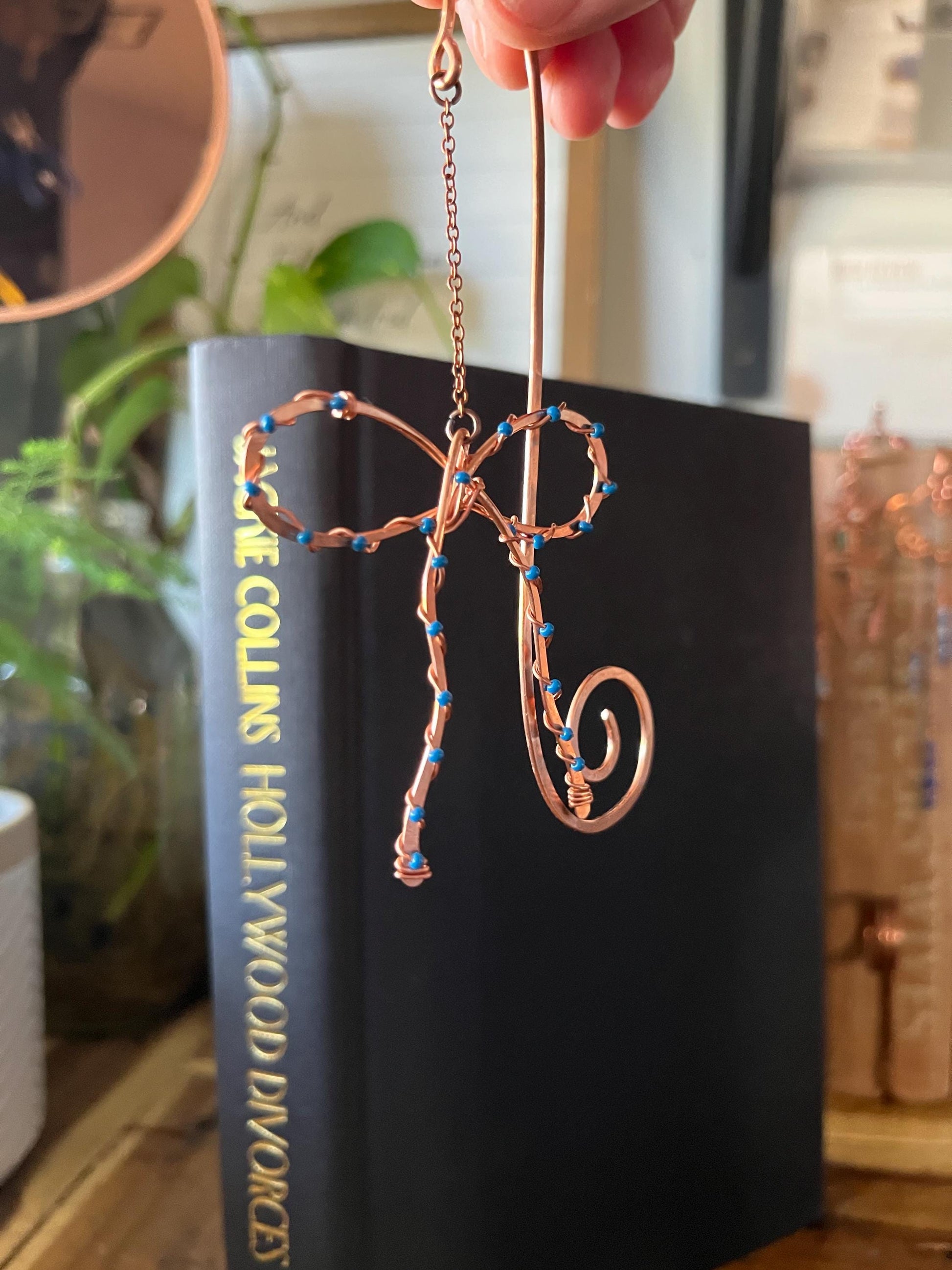 Classic Blue Bead Bow Book Mark Book Hook Handmade Copper Bookmark: Book Jewelry, Reader Bookish Gift, Book Club, 7 Year Anniversary Gift