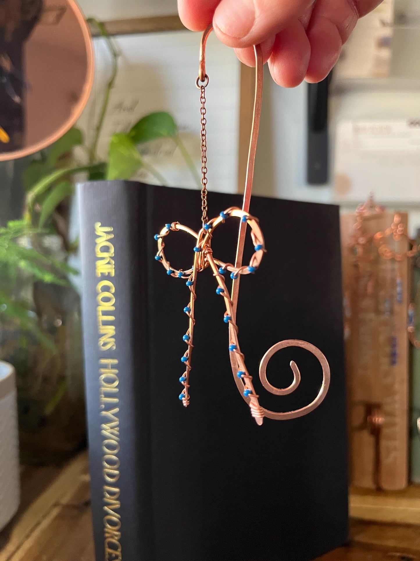 Classic Blue Bead Bow Book Mark Book Hook Handmade Copper Bookmark: Book Jewelry, Reader Bookish Gift, Book Club, 7 Year Anniversary Gift