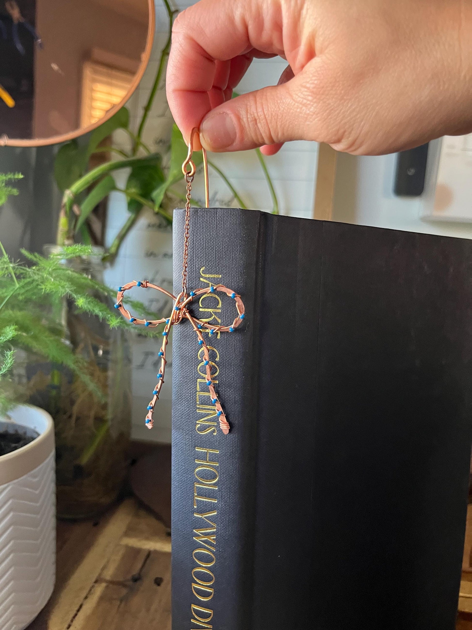 Classic Blue Bead Bow Book Mark Book Hook Handmade Copper Bookmark: Book Jewelry, Reader Bookish Gift, Book Club, 7 Year Anniversary Gift