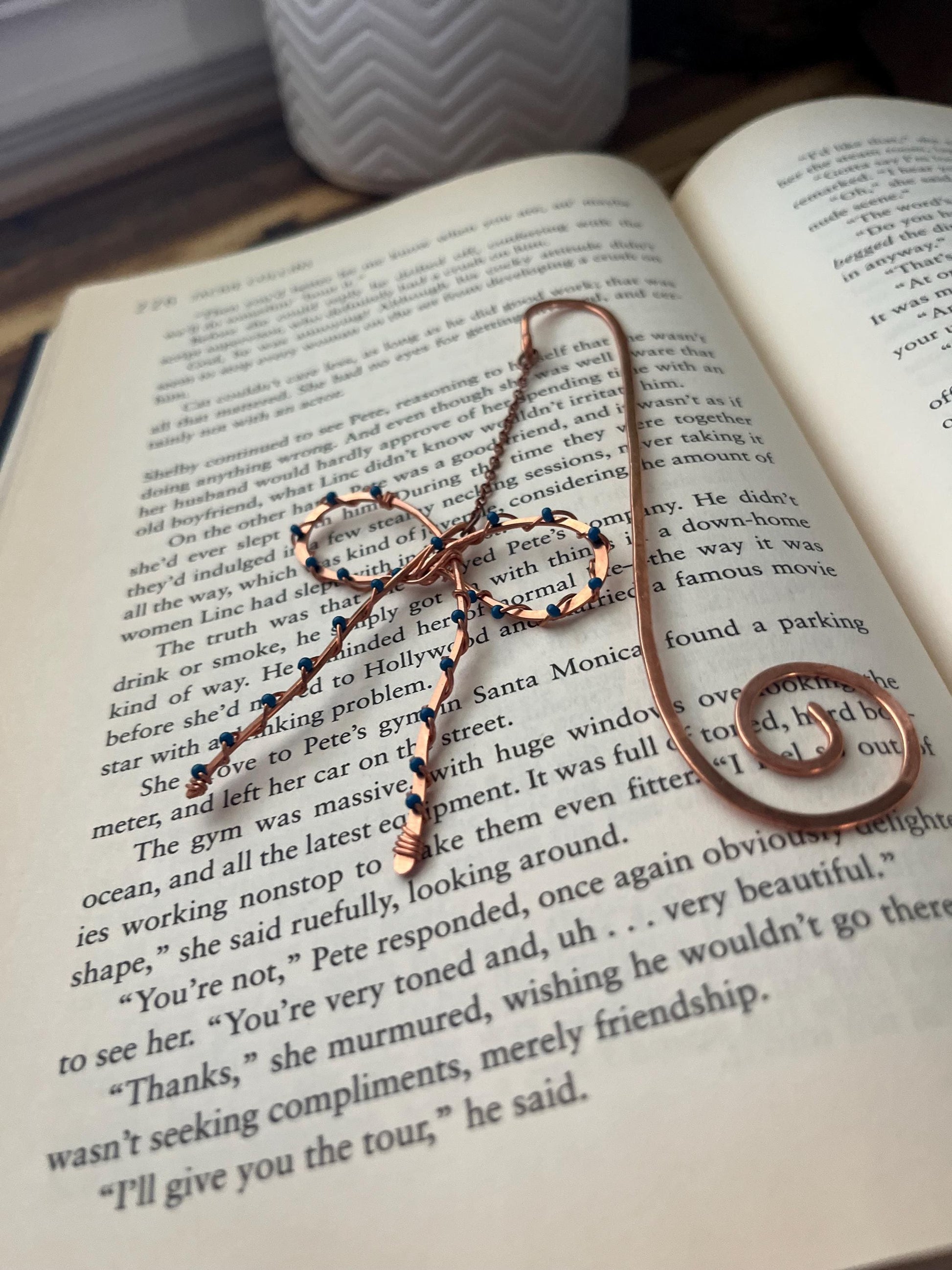Classic Blue Bead Bow Book Mark Book Hook Handmade Copper Bookmark: Book Jewelry, Reader Bookish Gift, Book Club, 7 Year Anniversary Gift