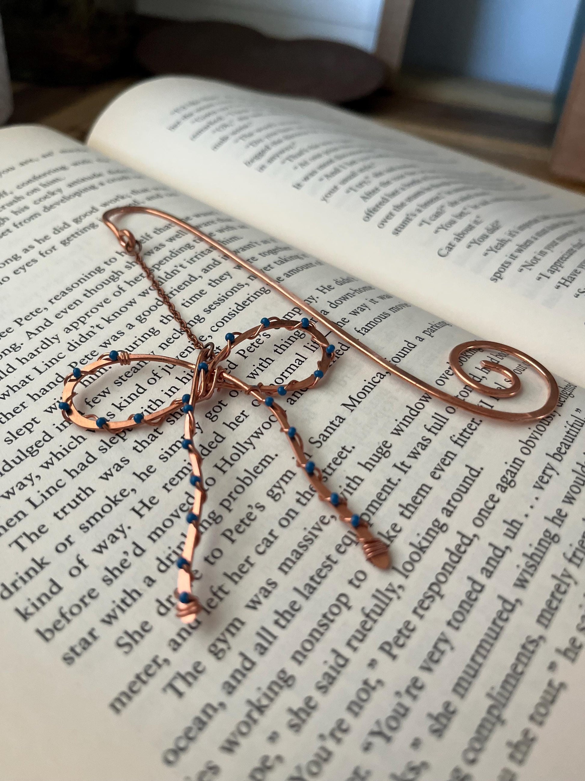 Classic Blue Bead Bow Book Mark Book Hook Handmade Copper Bookmark: Book Jewelry, Reader Bookish Gift, Book Club, 7 Year Anniversary Gift