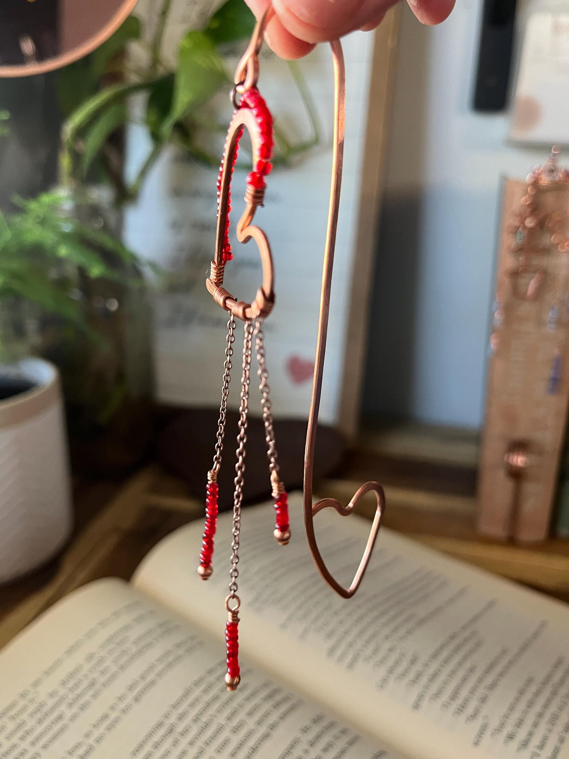 Red Bead Heart Book Mark Book Hook Handmade Copper Bookmark: Book Jewelry, Reader Bookish Gift, Book Club, 7 Year Anniversary Gift