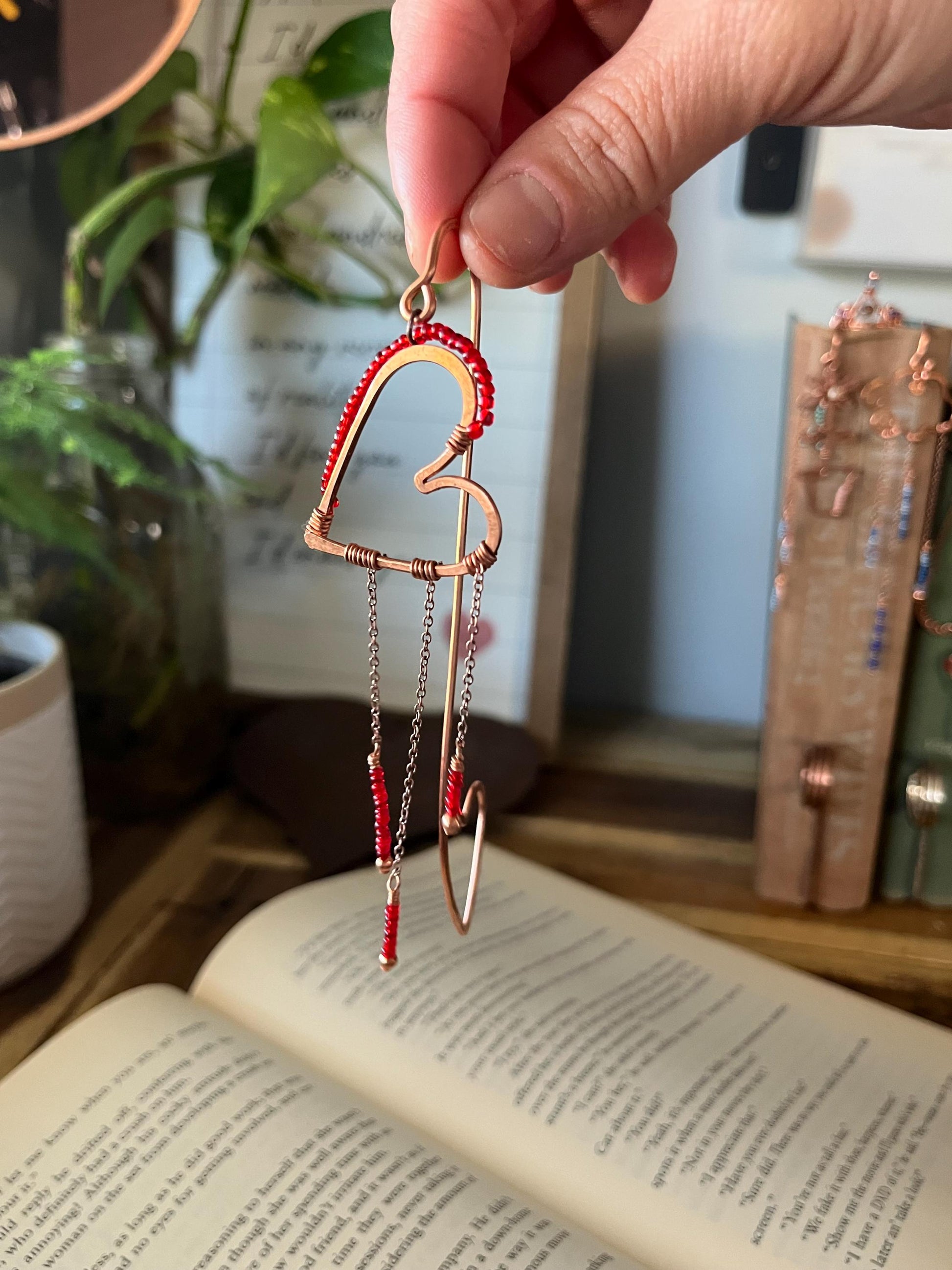 Red Bead Heart Book Mark Book Hook Handmade Copper Bookmark: Book Jewelry, Reader Bookish Gift, Book Club, 7 Year Anniversary Gift