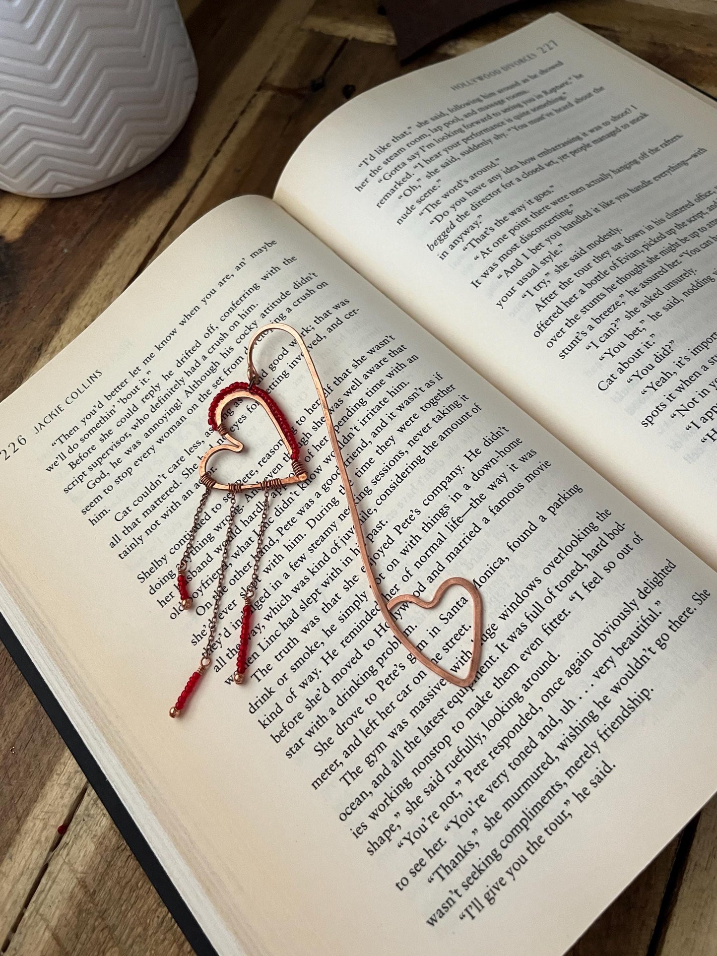 Red Bead Heart Book Mark Book Hook Handmade Copper Bookmark: Book Jewelry, Reader Bookish Gift, Book Club, 7 Year Anniversary Gift