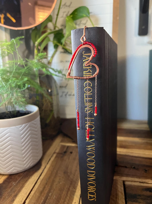 Red Bead Heart Book Mark Book Hook Handmade Copper Bookmark: Book Jewelry, Reader Bookish Gift, Book Club, 7 Year Anniversary Gift